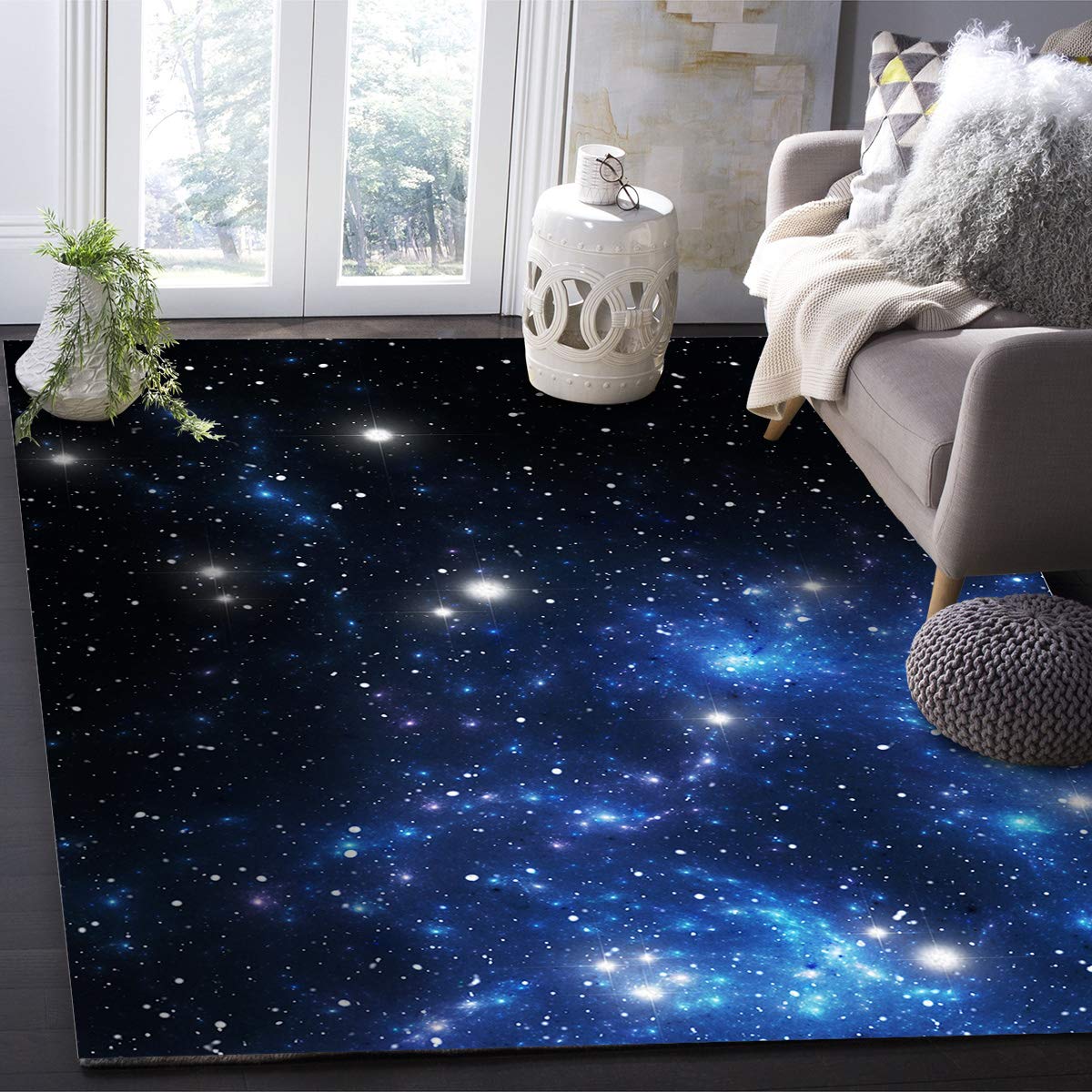 4' x 6' Constellation Area Rug - Outer Space Star Nebula Astronomy Theme Kids Nursery Carpet | Non-Slip Modern Floor Mat for Bedroom, Kitchen & Playroom Decor