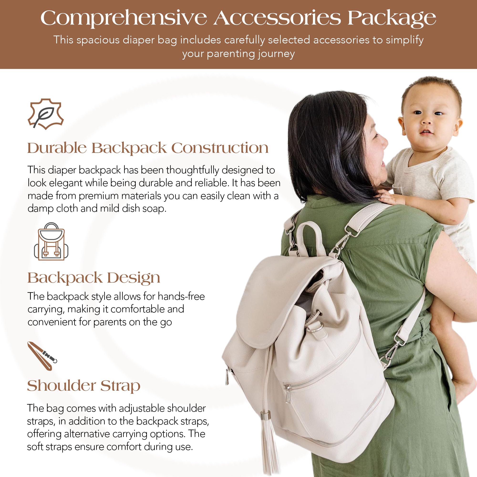 Citi Collective Journey Pearl Vegan Leather Diaper Bag Backpack - Stylish Multifunctional Travel Baby Bag with Changing Pad, Stroller Straps & Insulated Bottle Pockets | Perfect for Moms On-The-Go, Air Travel & Daily Outings with Baby