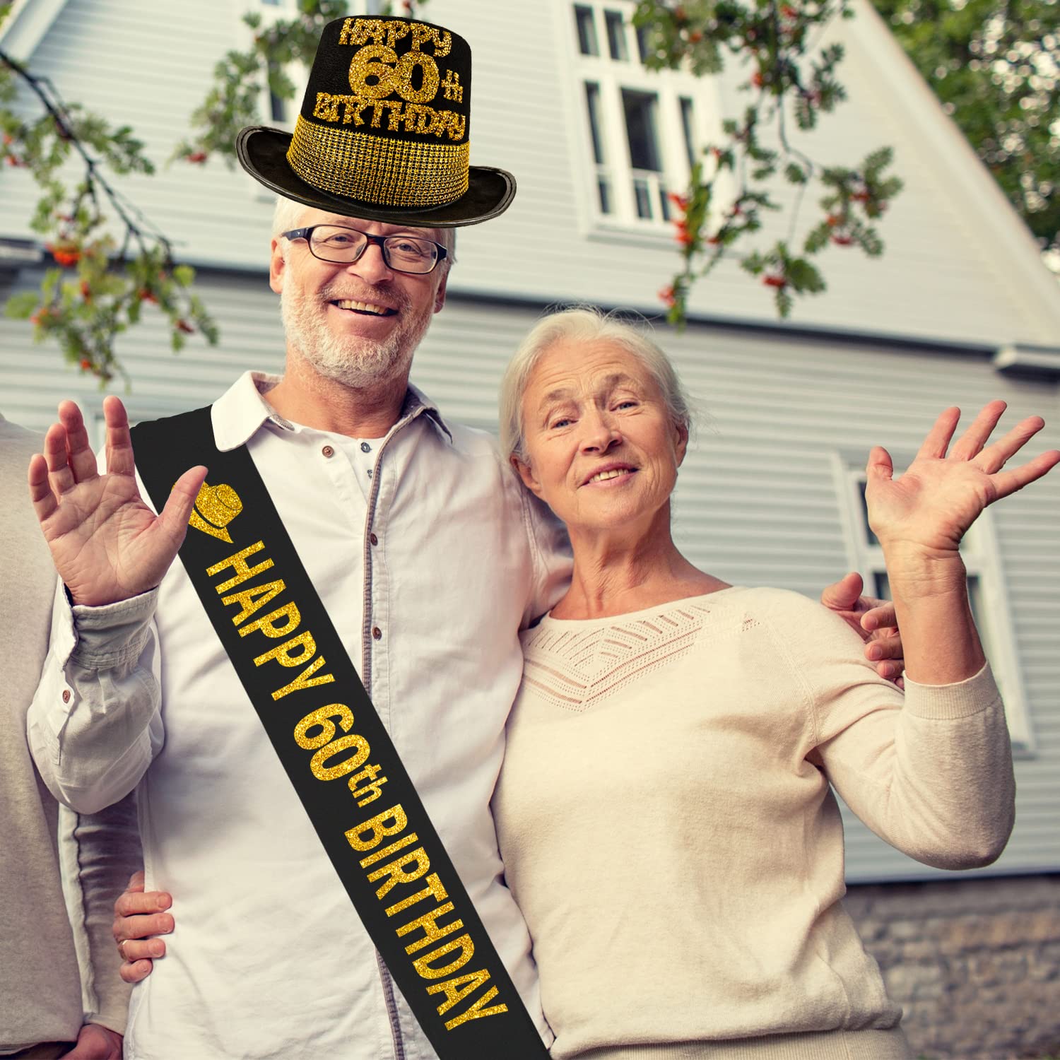 60th Birthday Gifts for Men - Gold 60 Year Old Party Hat & Sash Set - 60 Birthday Decorations & Favors - Perfect for Milestone Celebrations, Retirement Parties & Special Occasions