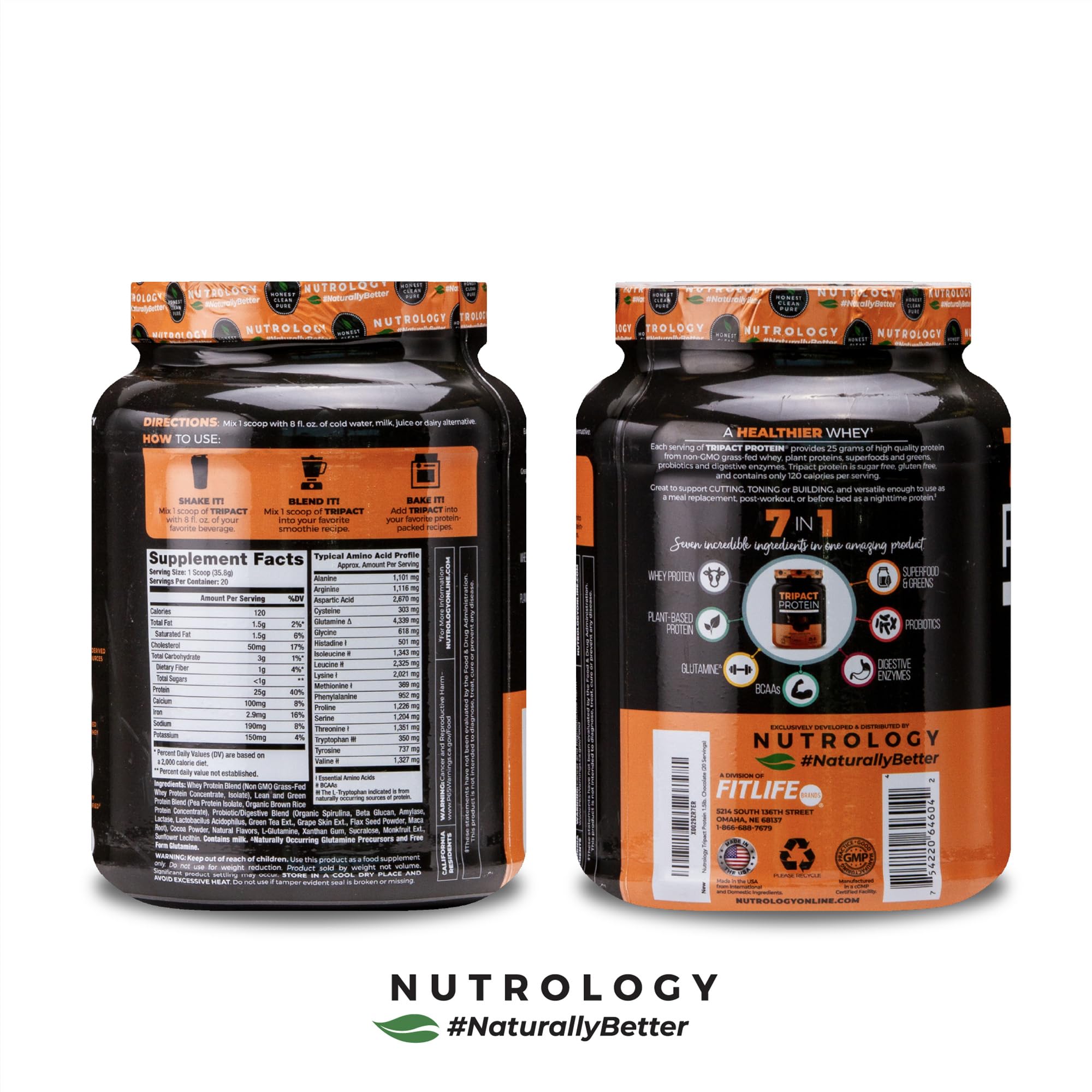 Nutrology TRIPACT Protein Powder - Creamy Chocolate Flavor | 7-in-1 Meal Replacement Shake with Grass-Fed Whey, Pea & Rice Protein, Greens, Probiotics & BCAAs | Amino Energy Boost | 20 Servings | Perfect for Post-Workout Recovery, Weight Management & Busy Lifestyles