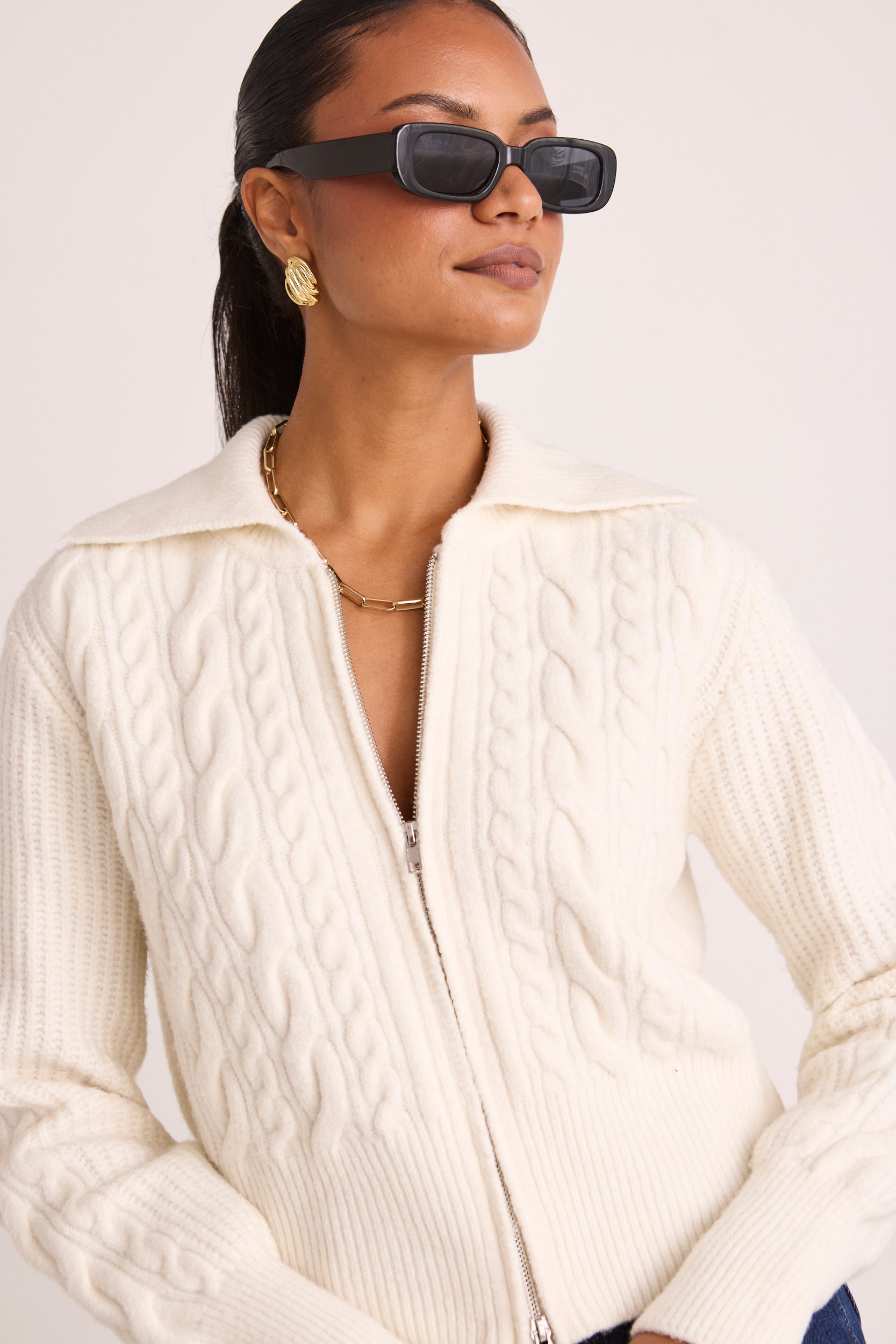 Central Ivory Zip Through Knit Jumper - Women's Casual Pullover Sweater for Fall & Winter | Perfect for Office, Travel and Everyday Wear