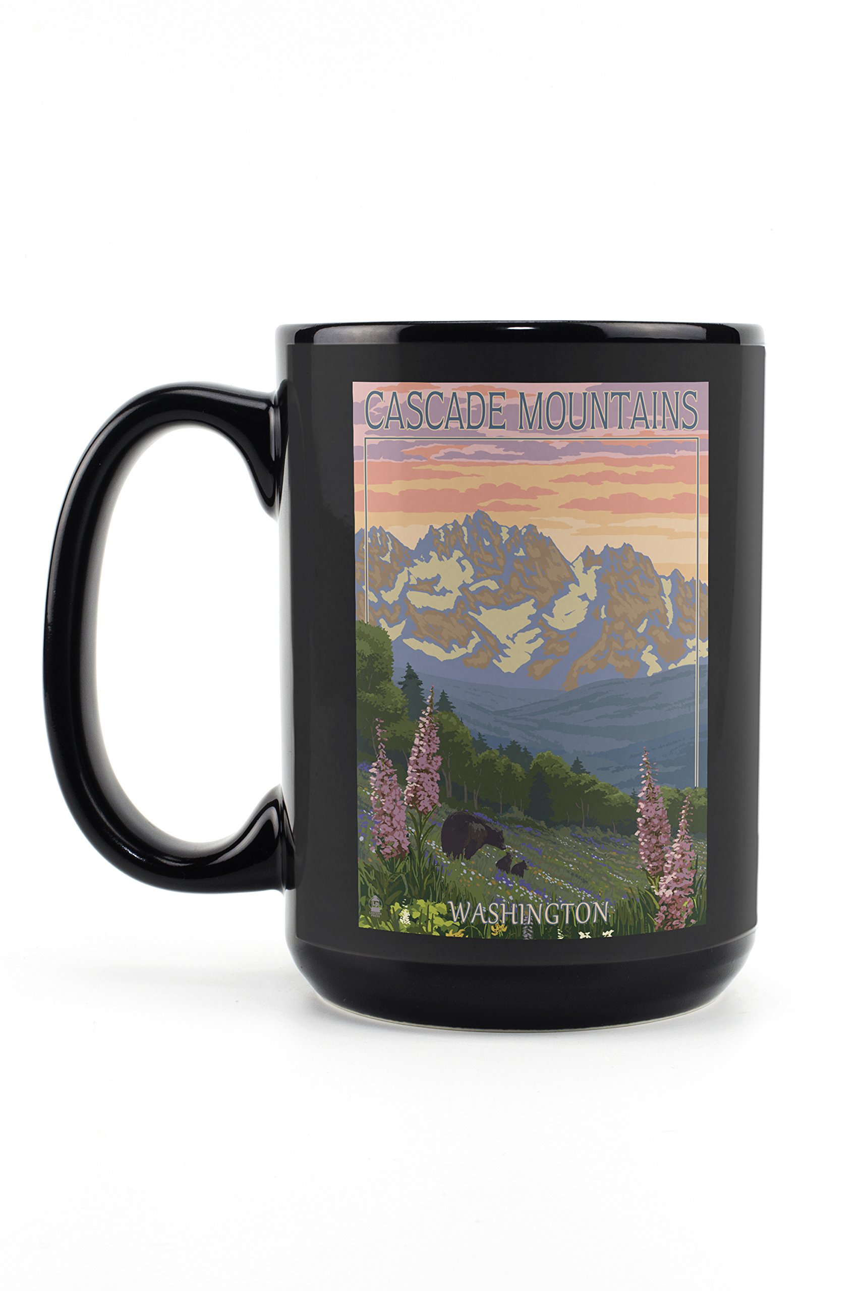 Cascade Mountains Washington Bears and Spring Flowers 15oz Black Ceramic Coffee Mug - Microwave & Dishwasher Safe - Perfect for Home, Office, and Outdoor Use