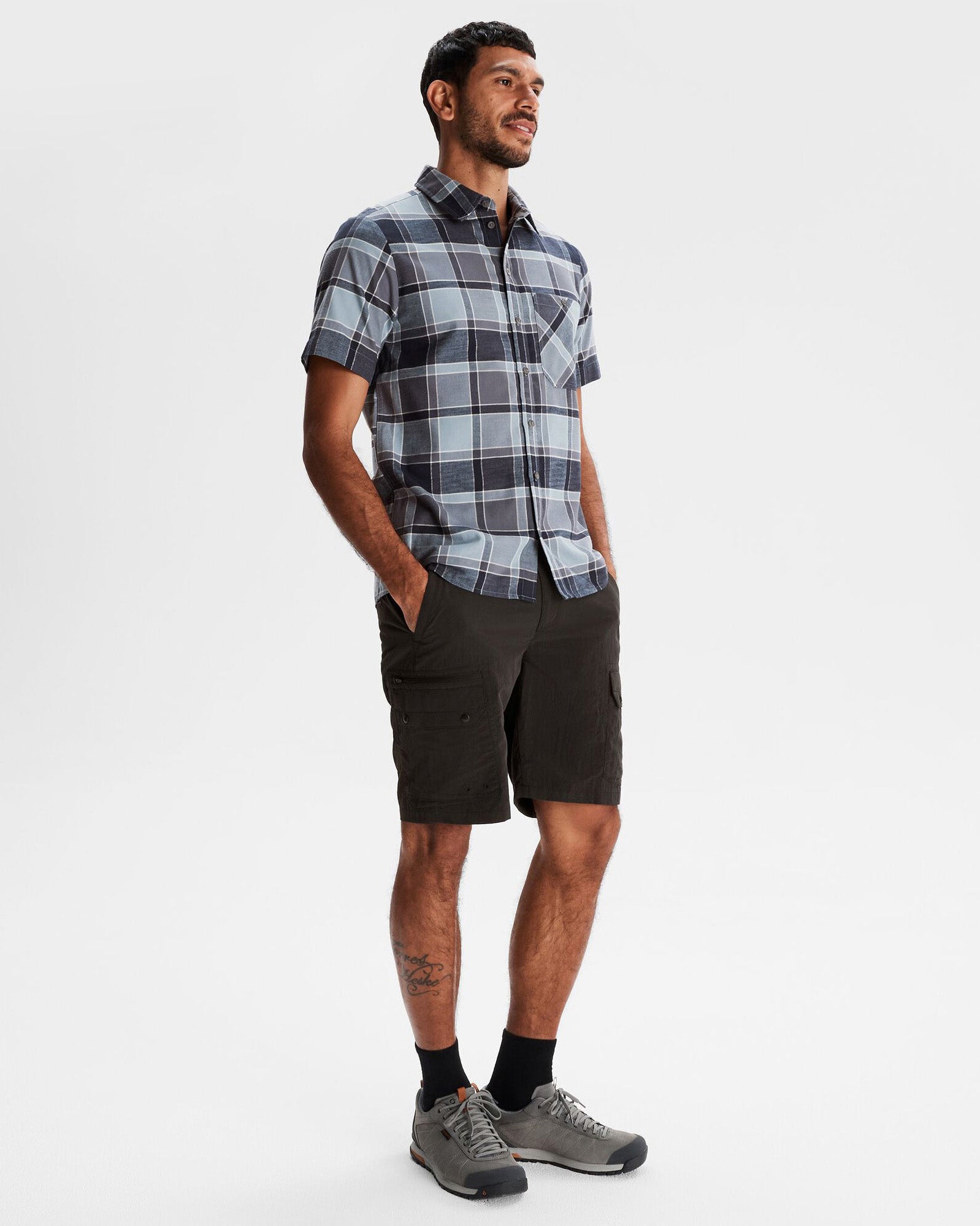 Men's Fyfe Short Sleeve Shirt - Mid Navy Plaid Casual Button Down Shirt for Summer, Outdoor & Office Wear