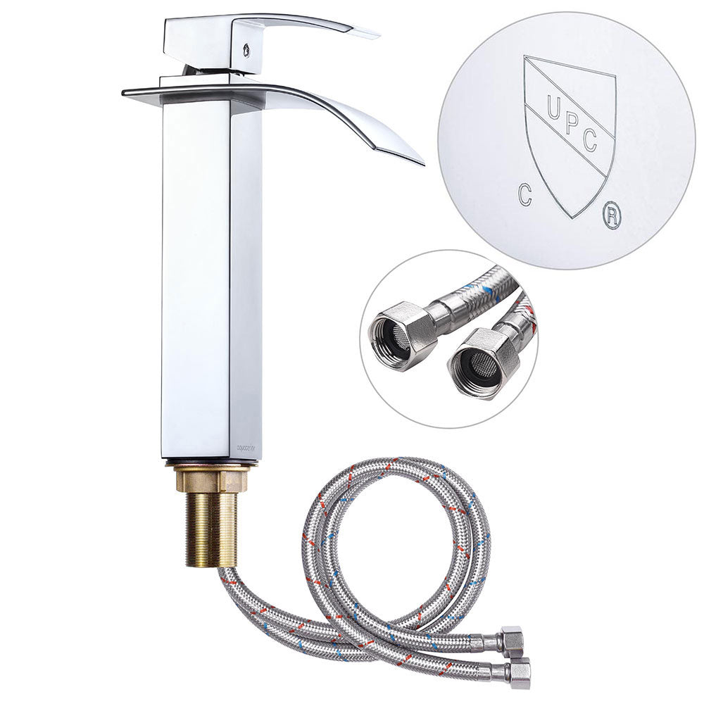 Aquaterior Single Handle Waterfall Vessel Faucet - Hot & Cold Mixer for Bathroom Sink - Modern 10-Inch Spout for Vanity, Powder Room, and Luxury Home Decor