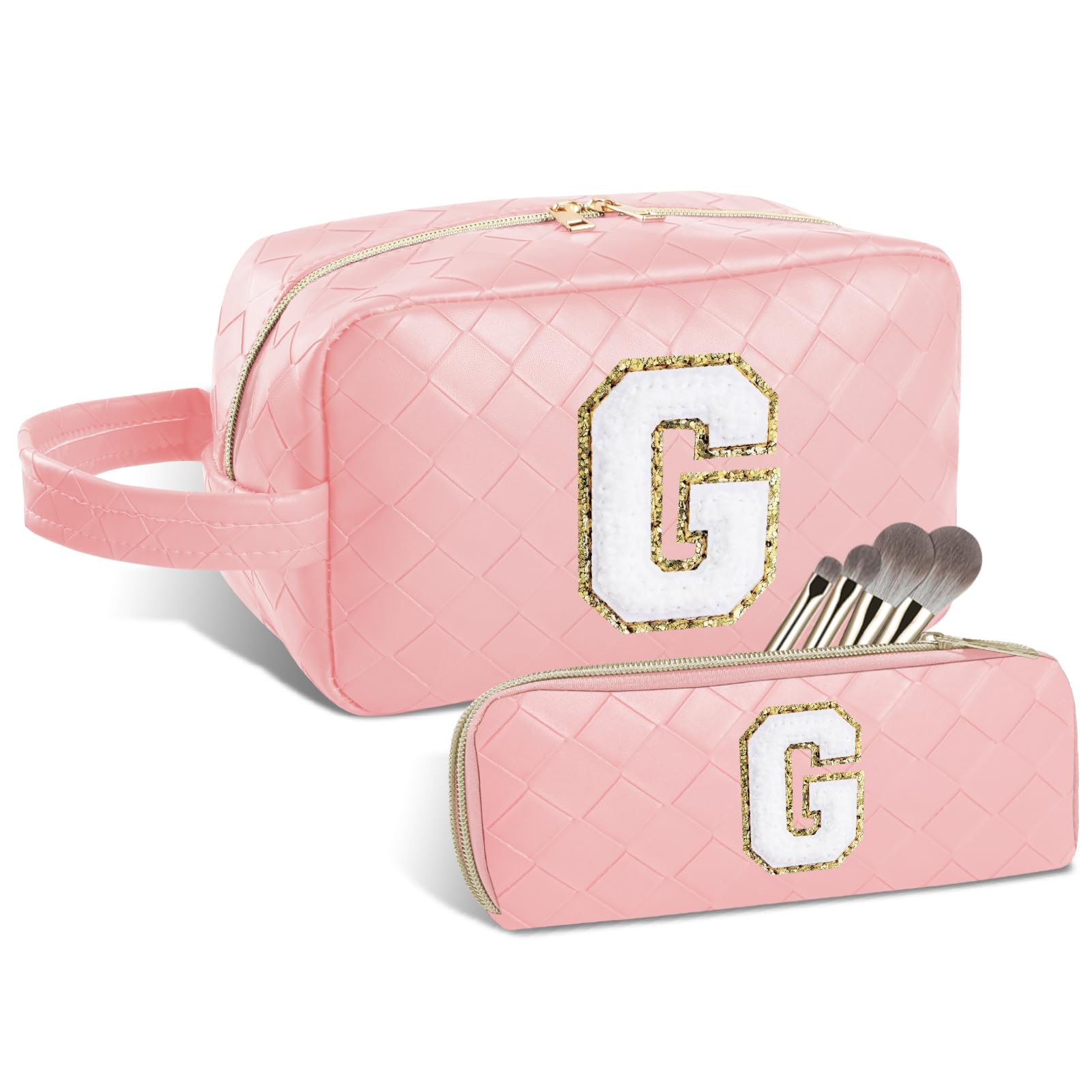 Personalized Monogram Makeup Bag for Women - Travel Cosmetic Organizer with Detachable Brush Pouch, Pink G Initial Toiletry Bag - Perfect for Birthdays, Valentine's Day Gifts & On-the-Go Beauty Essentials
