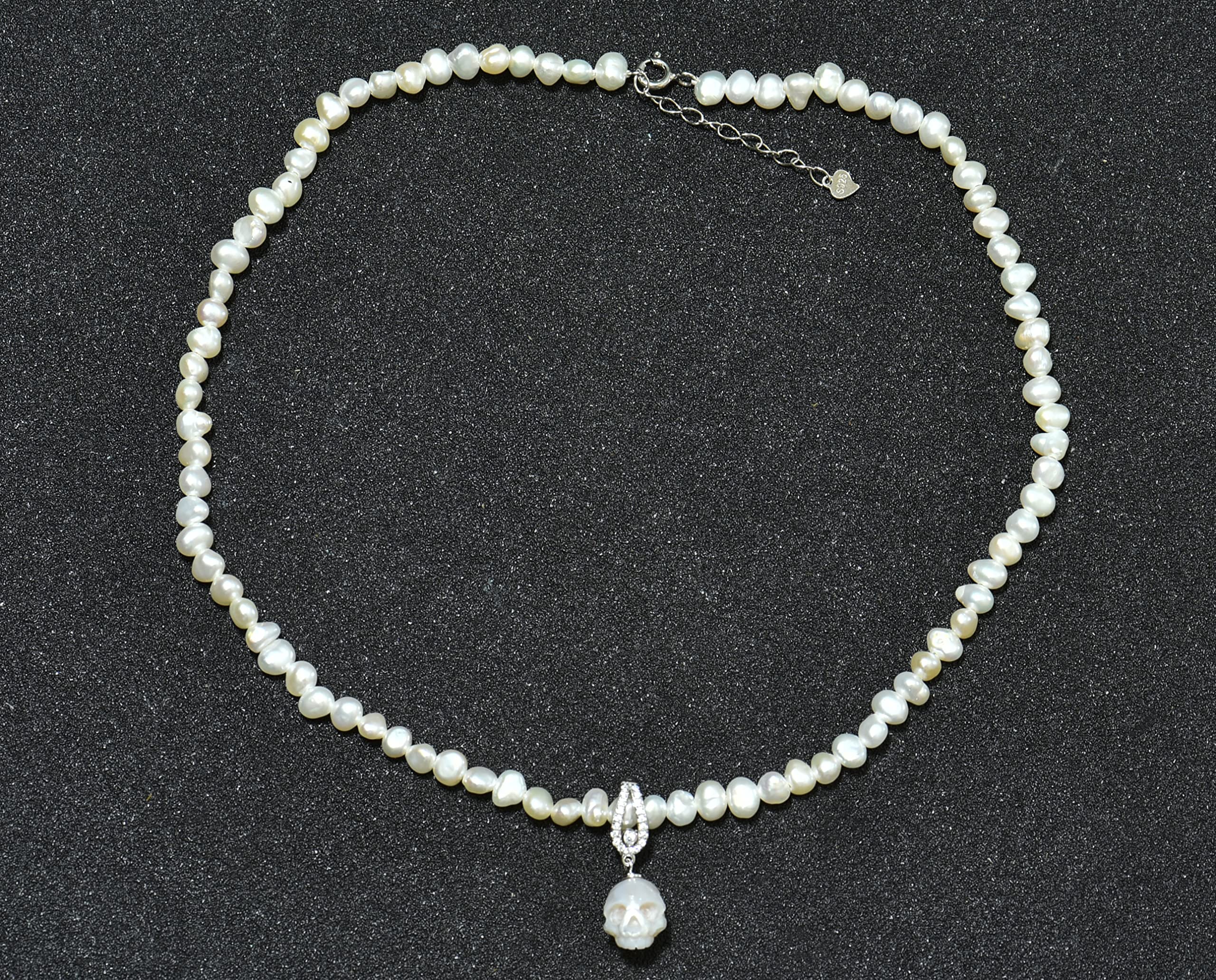 Baroque Pearl Skull Choker Necklace - Hand Carved Detachable Pendant, 14 Inch Gothic Jewelry for Women - Perfect for Halloween Costumes, Gothic Fashion & Dark Aesthetic Outfits