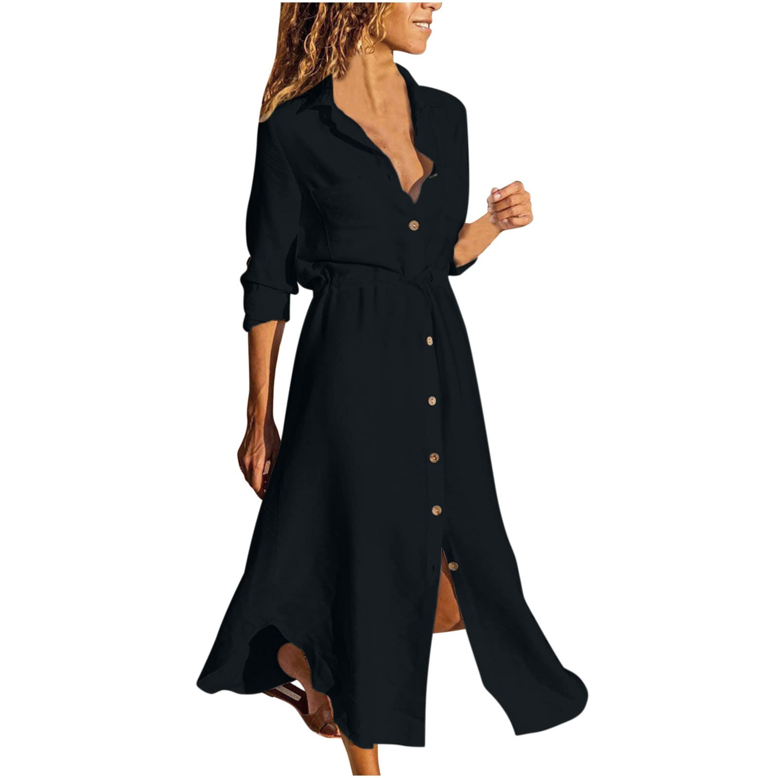 Women's Plus Size Maxi Button Shirt Dress - Cotton Linen Long Sleeve Sundress with Tie Waist for Work & Office Wear | Casual Summer Dress for Beach, Vacation & Everyday Outfits