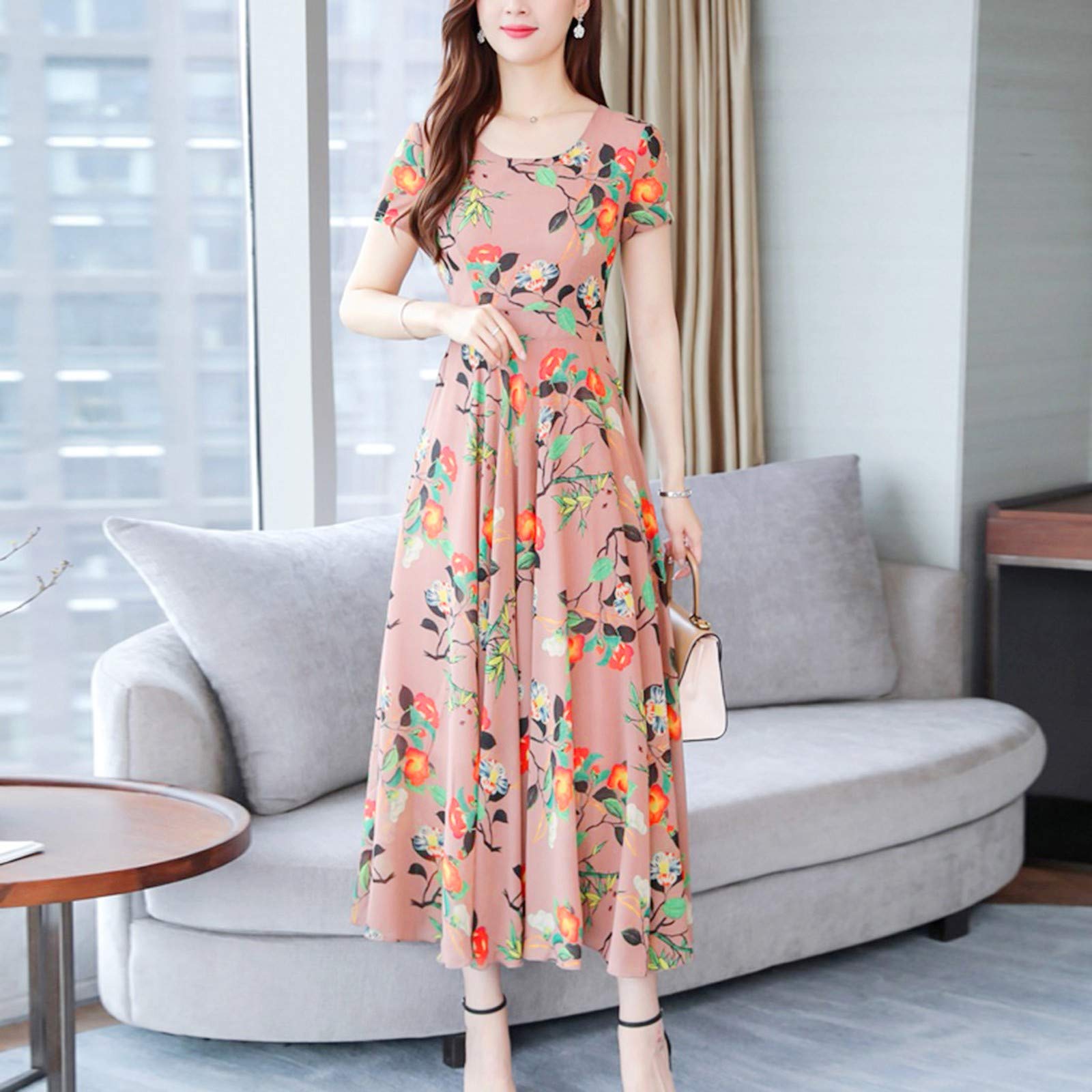 Women's Summer Beach Dress - Floral Print Short Sleeve Midi Dress for Cocktail Party, Vacation & Casual Wear (Pink, Size M) | Perfect for Beach Outings, Summer Travel & Date Nights