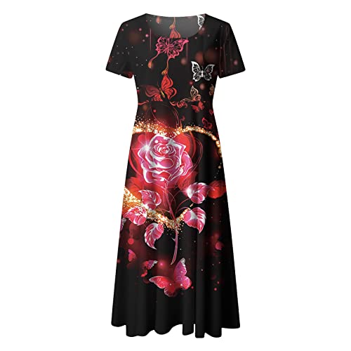 Women's Floral Printed Boho Beach Sundress - Casual Short Sleeve Crew Neck Loose Dress for Spring & Summer | Perfect for Vacations, Beach Outings and Date Nights (Black, Size L)