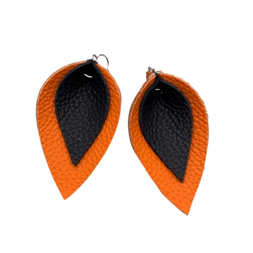 Layered Leather Leaf Earrings for Women - Black on Orange Handmade Boho Dangle Earrings | Perfect for Boho Fashion, Festivals, and Everyday Wear