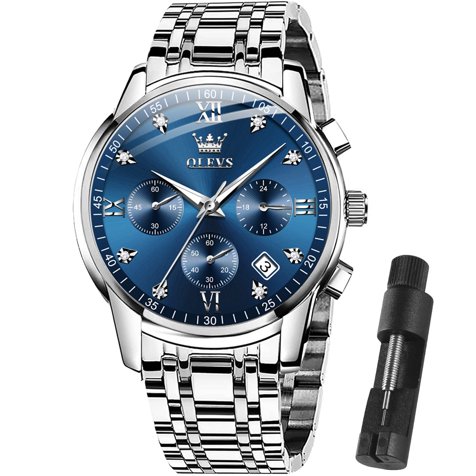 OLEVS Men's Multifunction Stainless Steel Watch - Waterproof Luminous Chronograph with Date Display, Classic Dress Watch for Business, Casual, Outdoor & Formal Occasions