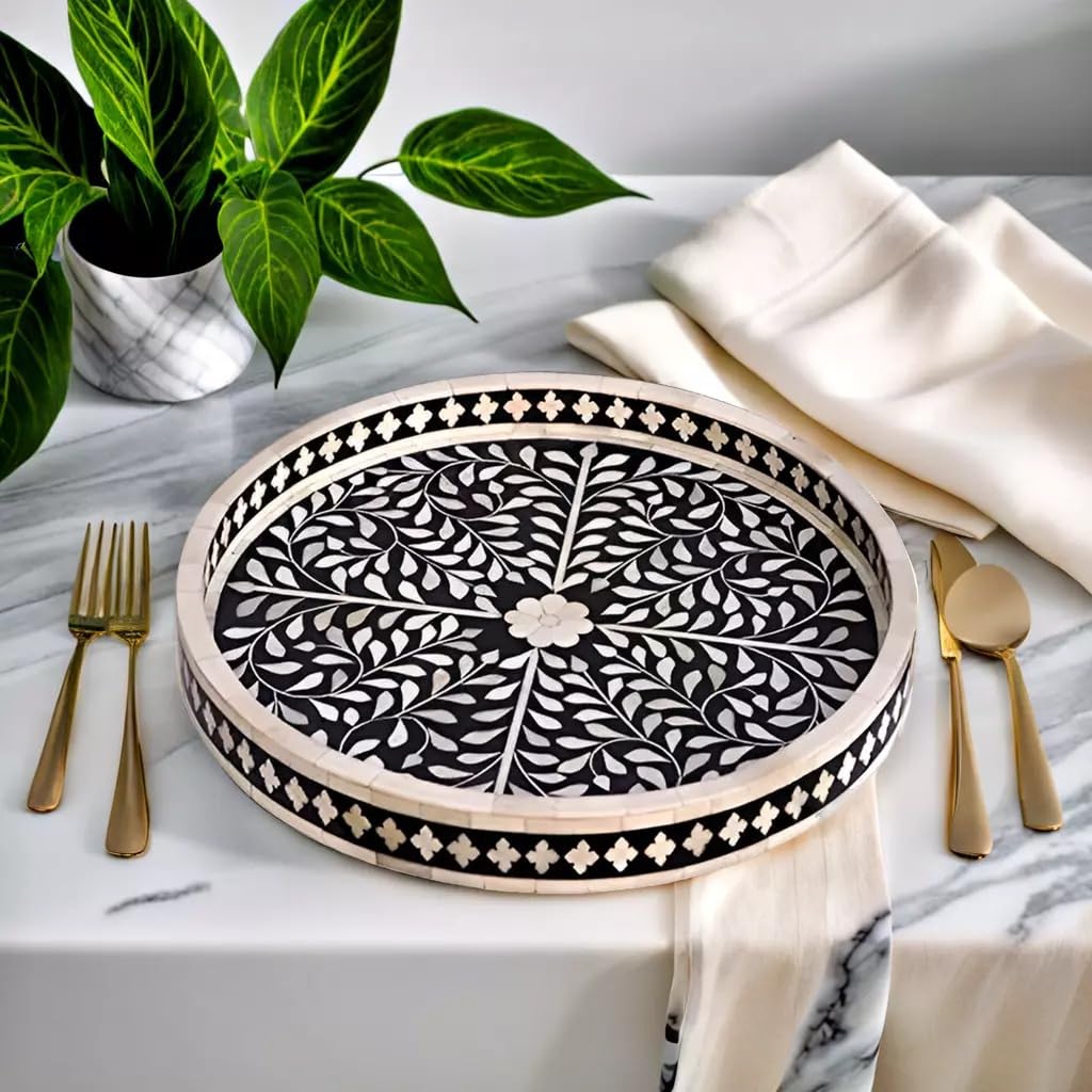 Handcrafted Antique Bone Inlay Round Serving Tray - Black Wooden Ottoman Style Home Decor | Perfect for Breakfast in Bed, Coffee Table Decor, and Gift Giving | Fairdeal Handicrafts