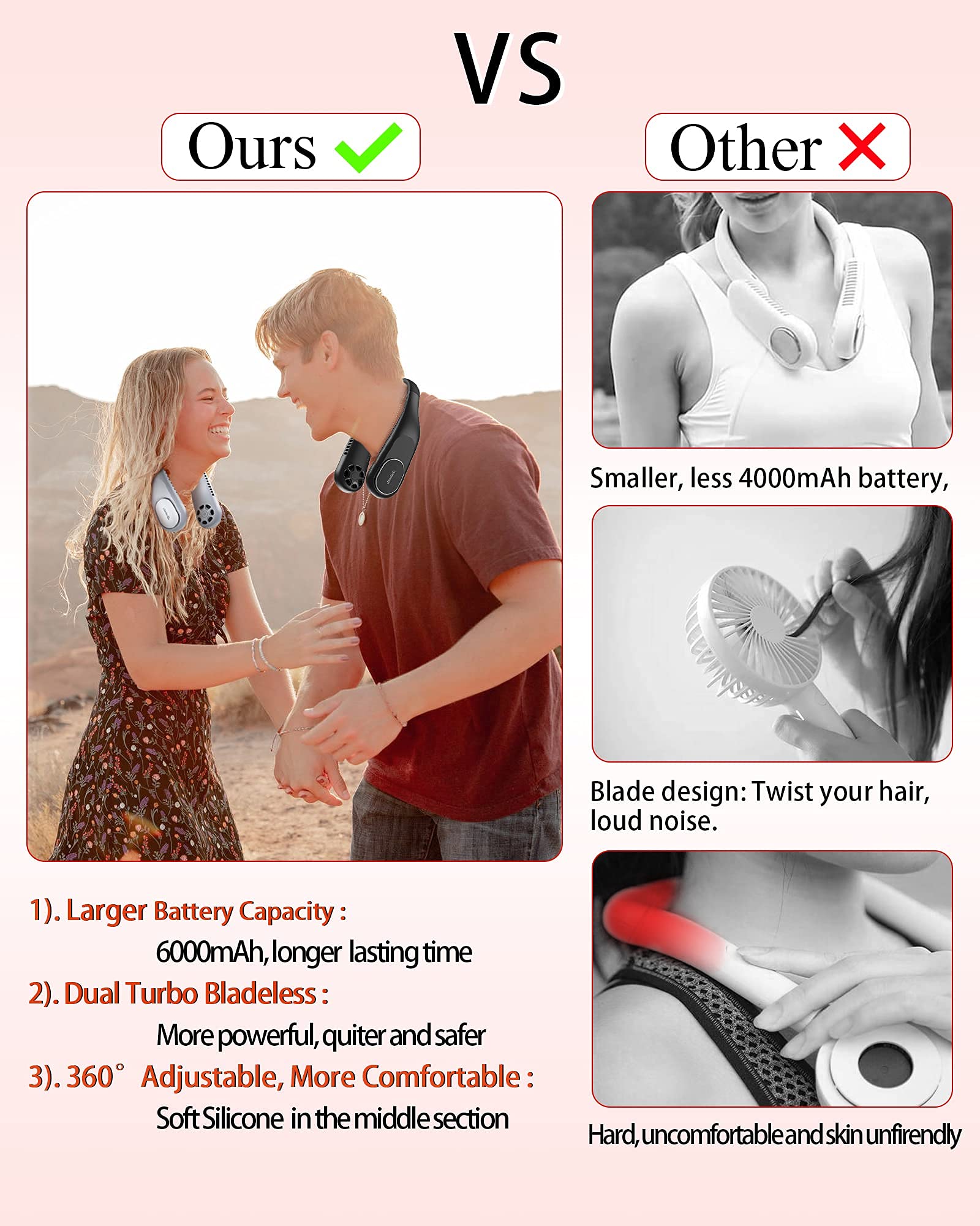 Ninetails Portable Neck Fan - 6000mAh Rechargeable Personal Cooling Fan with 360° Airflow, Lightweight Hands-Free Design, 3 Speed Settings & Ultra Quiet Operation - Perfect for Office, Gym, Travel, Hiking and Outdoor Activities
