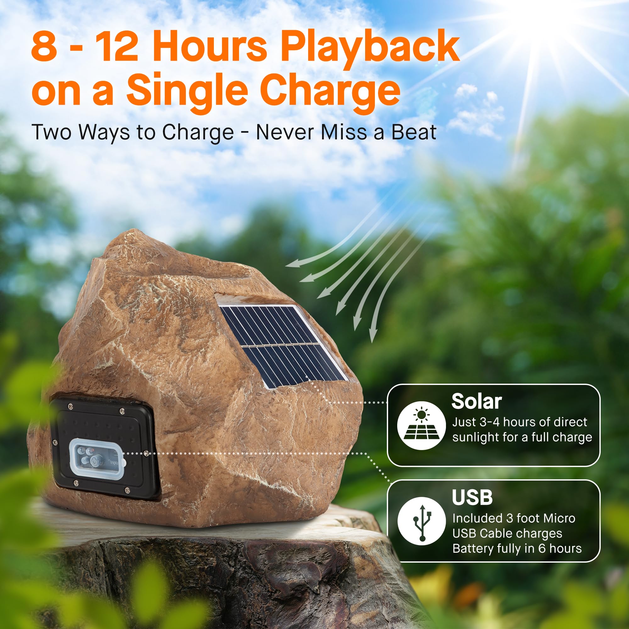 Homewell Solar Rock Speakers - Outdoor Waterproof Bluetooth Wireless Speakers - Weatherproof Landscape Speakers for Pool, Patio, Deck, Backyard, Garden - Year Round Outdoor Use - Perfect for Parties, Camping, and Beach Gatherings (2-Pack, Brown)