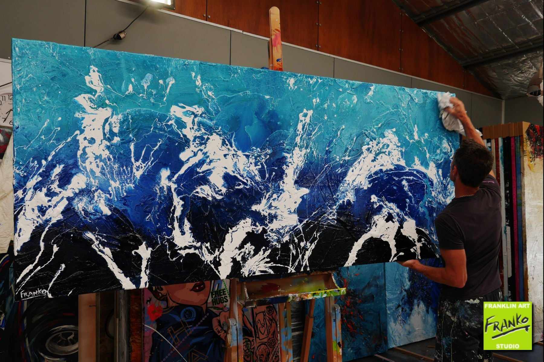 Oceanic Marinade 240cm x 100cm Cream Blue White Textured Abstract Canvas Painting - Modern Wall Art for Living Room, Bedroom & Office Decor