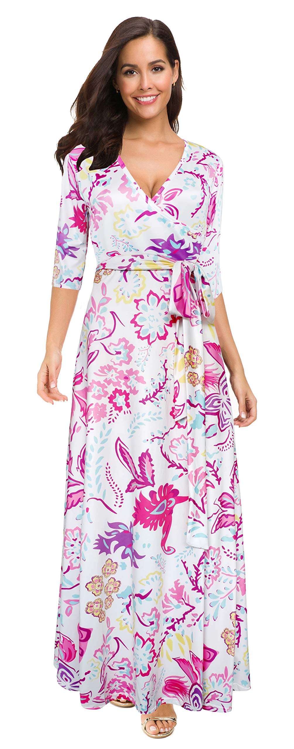 Afibi Women's Bohemian 3/4 Sleeve Faux Wrap Maxi Dress with Belt - Flowy Summer Beach Dress for Vacation, Date Night & Casual Wear