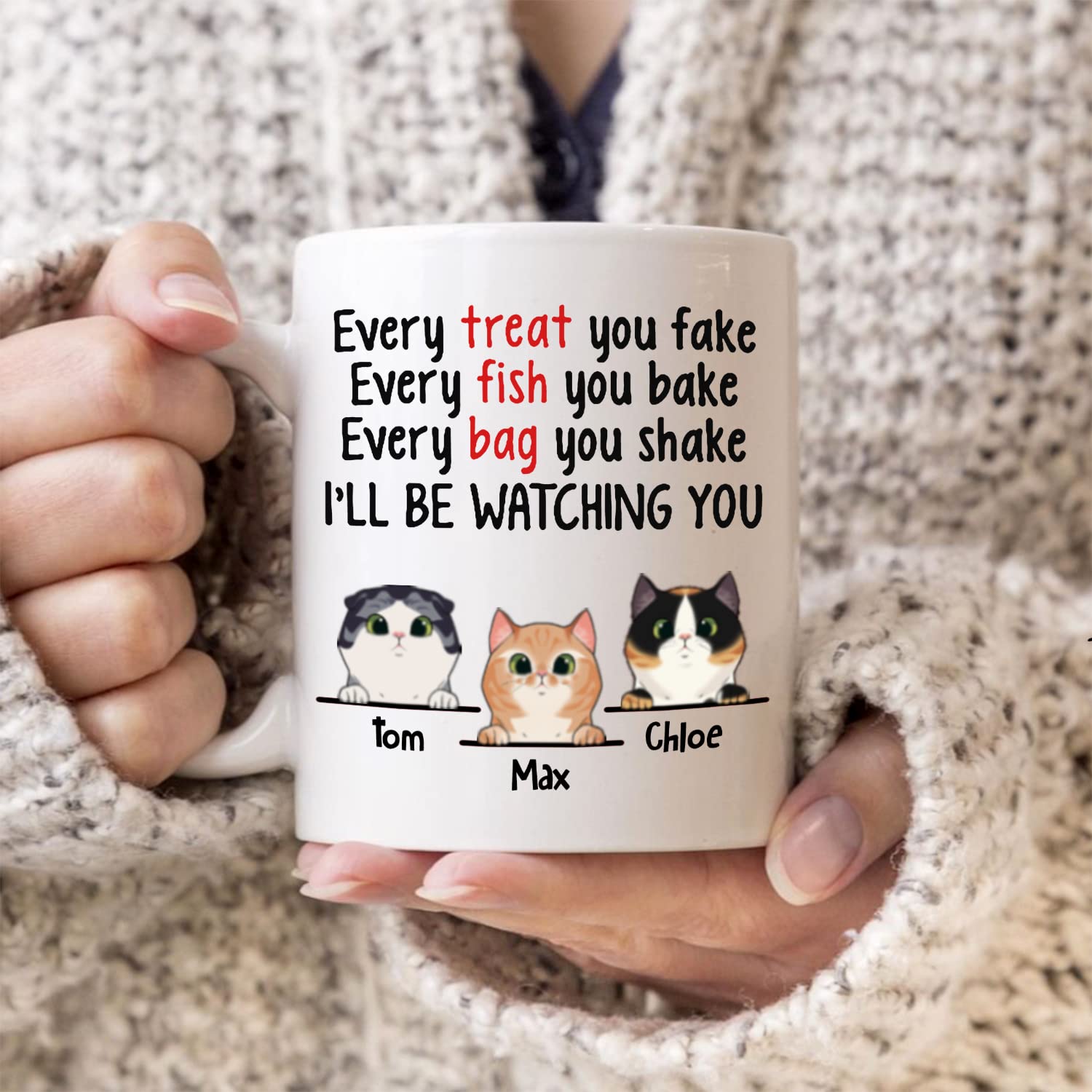 Personalized Funny Cat Coffee Mug - Custom 'Every Fish You Bake I'll Be Watching You' Design - 11oz White Ceramic Cup for Cat Lovers, Pet Parents - Choose Cat Breed & Name - Perfect Gift for Cat Moms & Dads - Great for Coffee, Tea, or Office Use