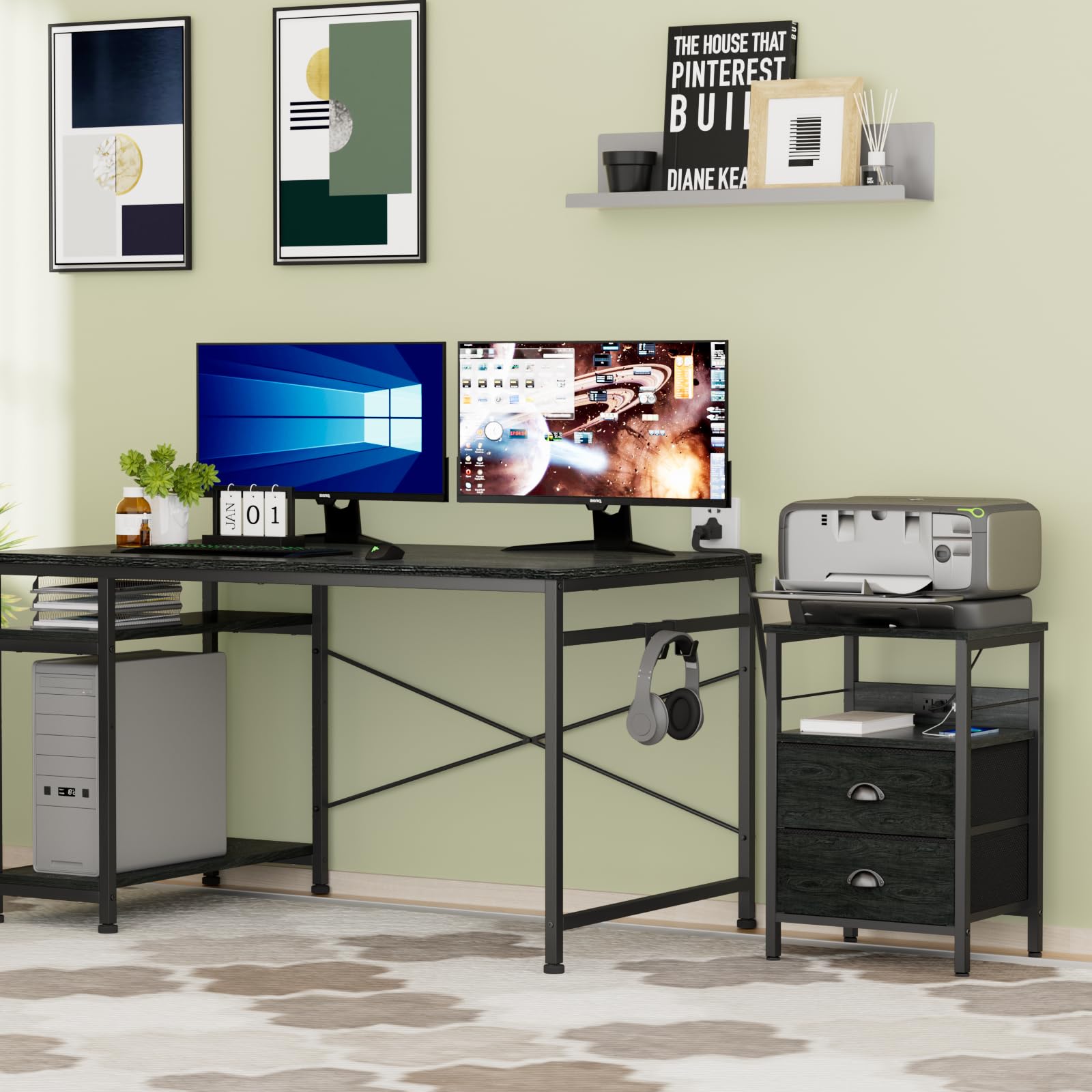 2-Piece Furologee Nightstand Set with Charging Station - Black Oak Side Tables with USB Ports, 2 Fabric Drawers & Storage Shelf - Perfect for Bedroom & Living Room Organization - Ideal for Charging Devices, Storing Books & Bedside Essentials