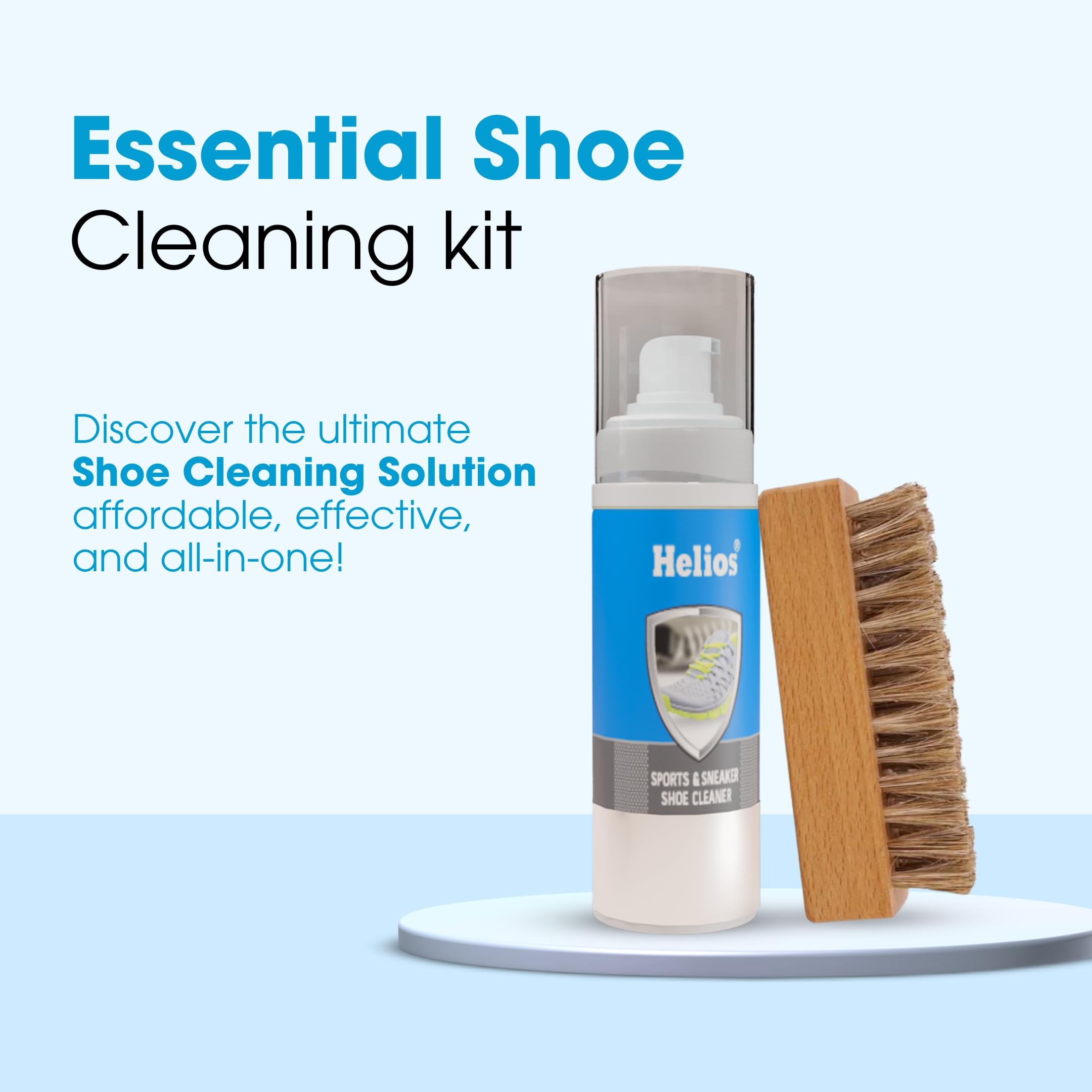 Helios Shoe Cleaning Kit - 150ml Sneaker Cleaner & Wooden Brush for Sports Shoes | Complete Sneaker Care Kit for Men & Women | Perfect for Cleaning White Shoes, Leather & Canvas Sneakers | Ideal for Gym, Running & Daily Use