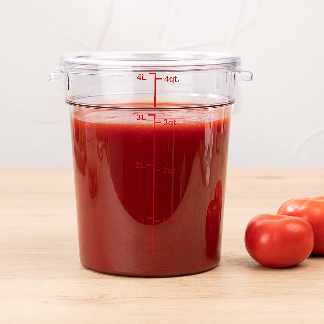Restaurantware Met Lux 4 Quart (3.8L) Clear Plastic Food Storage Containers - 10-Pack Round Commercial Food Prep Buckets with Volume Markers (Lids Sold Separately) - Ideal for Restaurant Kitchen, Catering, Meal Prep & Bulk Food Storage