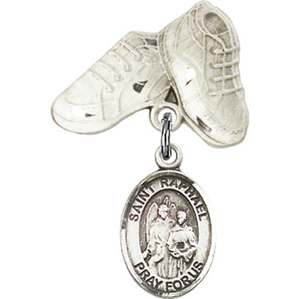 St. Raphael The Archangel Sterling Silver Baby Badge Charm - 1 X 5/8 Inch Baby Boots Pin - Perfect for Christening Gifts, Baby Showers & First Communion Jewelry