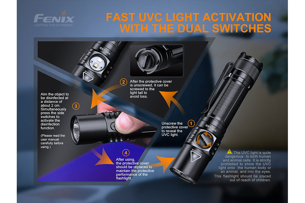 Fenix LD32 UVC Disinfection Flashlight - Portable UV Sanitizer for Home, Travel & Outdoor Use - Kills 99.9% Germs & Bacteria