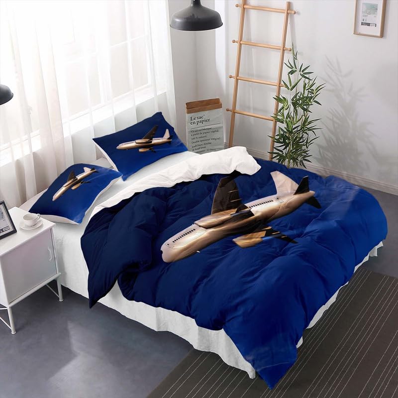 3D Printed Blue Sky Silver Aircraft Duvet Cover Set with Zipper - Twin Size Bedding Set (2Pcs) | Includes 1 Pillow Sham | Gold Sunshine Design | Perfect for Kids Room, Airplane Themed Bedroom & Unique Home Decor