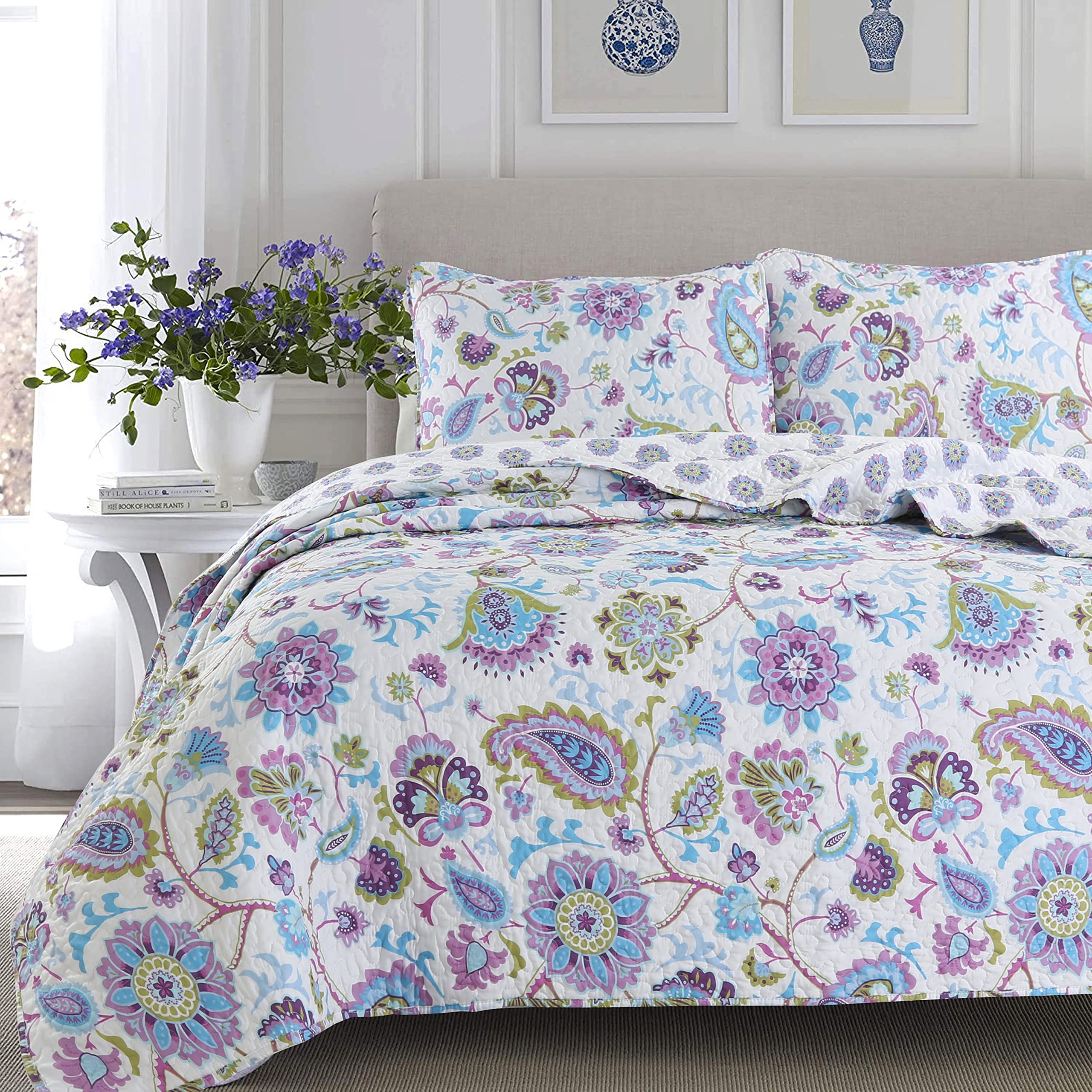Cozy Line Home Fashions Lilac Lavender Purple Floral Paisley Reversible Quilt Bedding Set - King Size 3-Piece Lightweight All-Season Coverlet Bedspread | Perfect for Master Bedroom, Guest Room & Dorm Decor