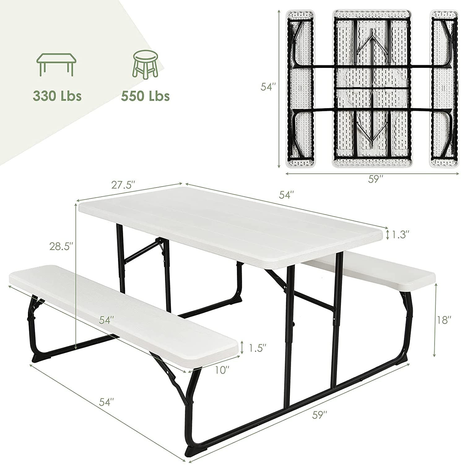 Hysache Folding Picnic Table Bench Set - 4-6 Person Portable Outdoor Dining Table with Wood-Like Texture & Weather-Resistant Metal Frame - Perfect for Camping, Backyard BBQs, Picnics, and Patio Parties (White)