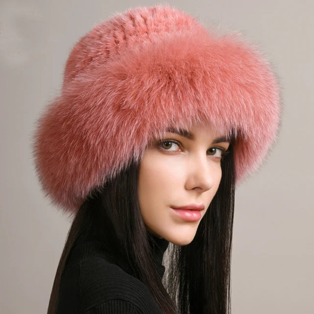 Luxury Handmade Knitted Mink Fur Hat with Real Fox Fur - Women's Winter Fashion Accessory for Cold Weather, Outdoor Activities & Holiday Gifts