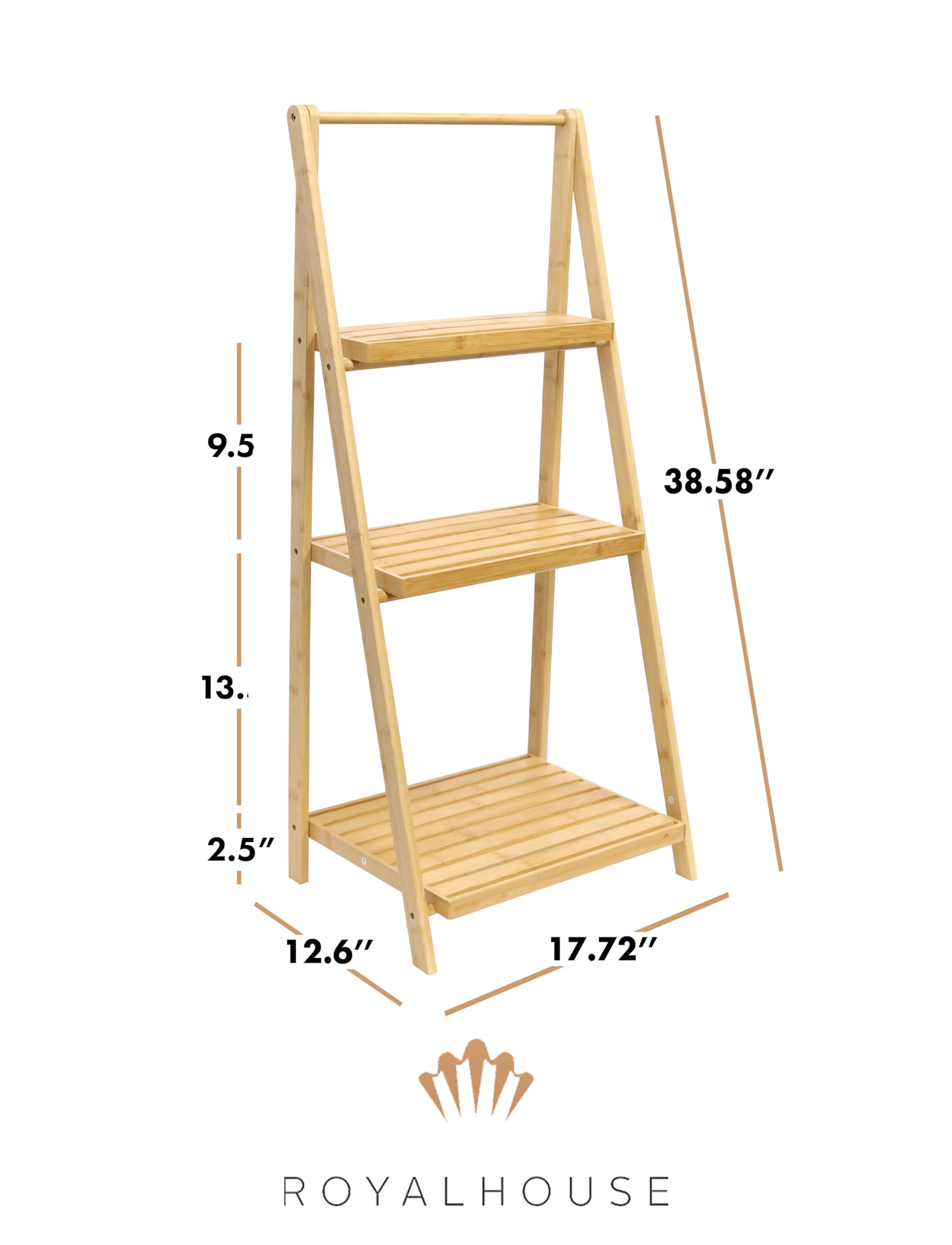 RoyalHouse 3-Tier Bamboo Foldable Shelf - Multi-Purpose Storage Rack for Books, Plants & Home Decor | Space-Saving Ladder Shelf for Living Room, Bedroom, Kitchen & Office Organization