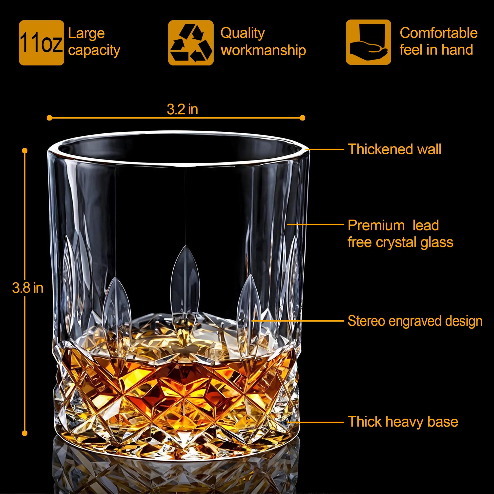 8-Piece Whiskey Glass Set - 11oz Old Fashioned Rocks Glasses for Bourbon, Scotch & Cocktails - Perfect Gift for Men