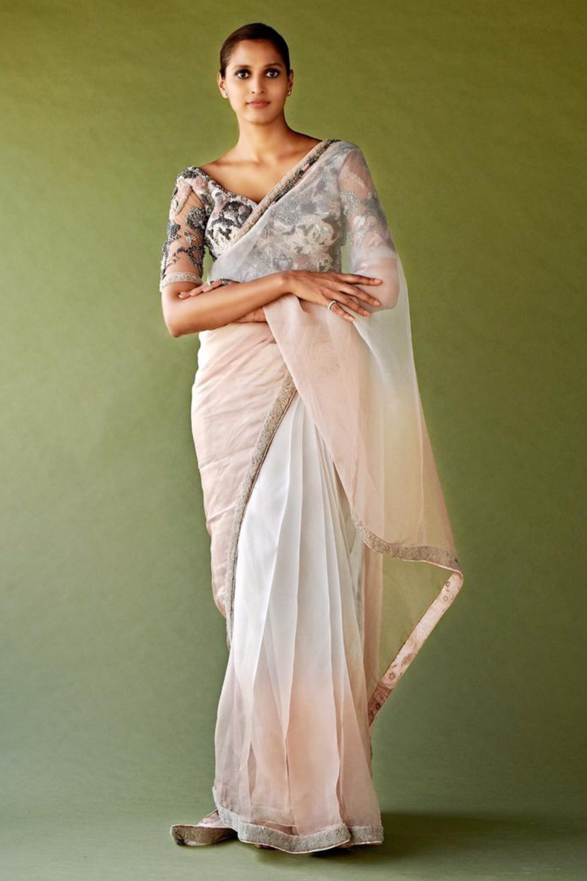 Elegant Blush Pink Ombre Saree with Hand-Embellished Pewter Blouse - Perfect for Weddings, Parties & Special Occasions