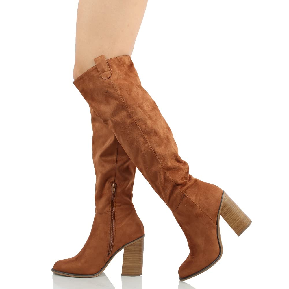 Soda Women's Faux Suede Knee High Boots with Stacked Heel - Stylish & Comfortable Winter Boots for Casual Outfits, Office Wear & Night Out