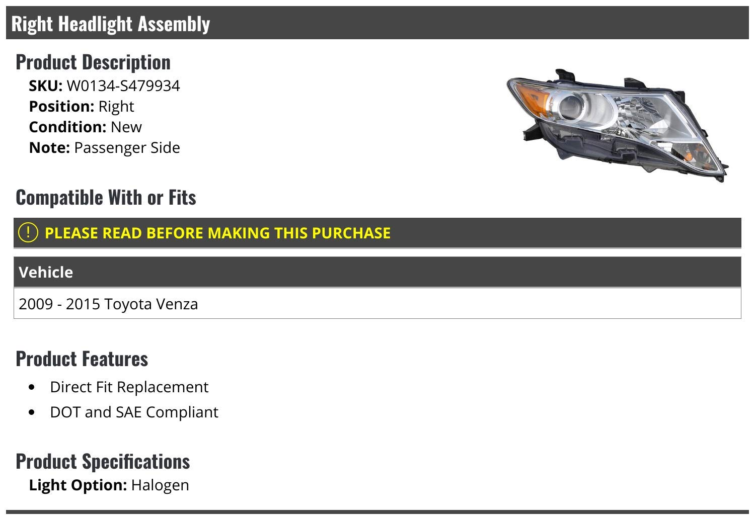 Right Passenger Side Halogen Headlight Assembly for 2009-2015 Toyota Venza - Replacement Headlamp with OEM Fit - Perfect for Night Driving & Foggy Conditions