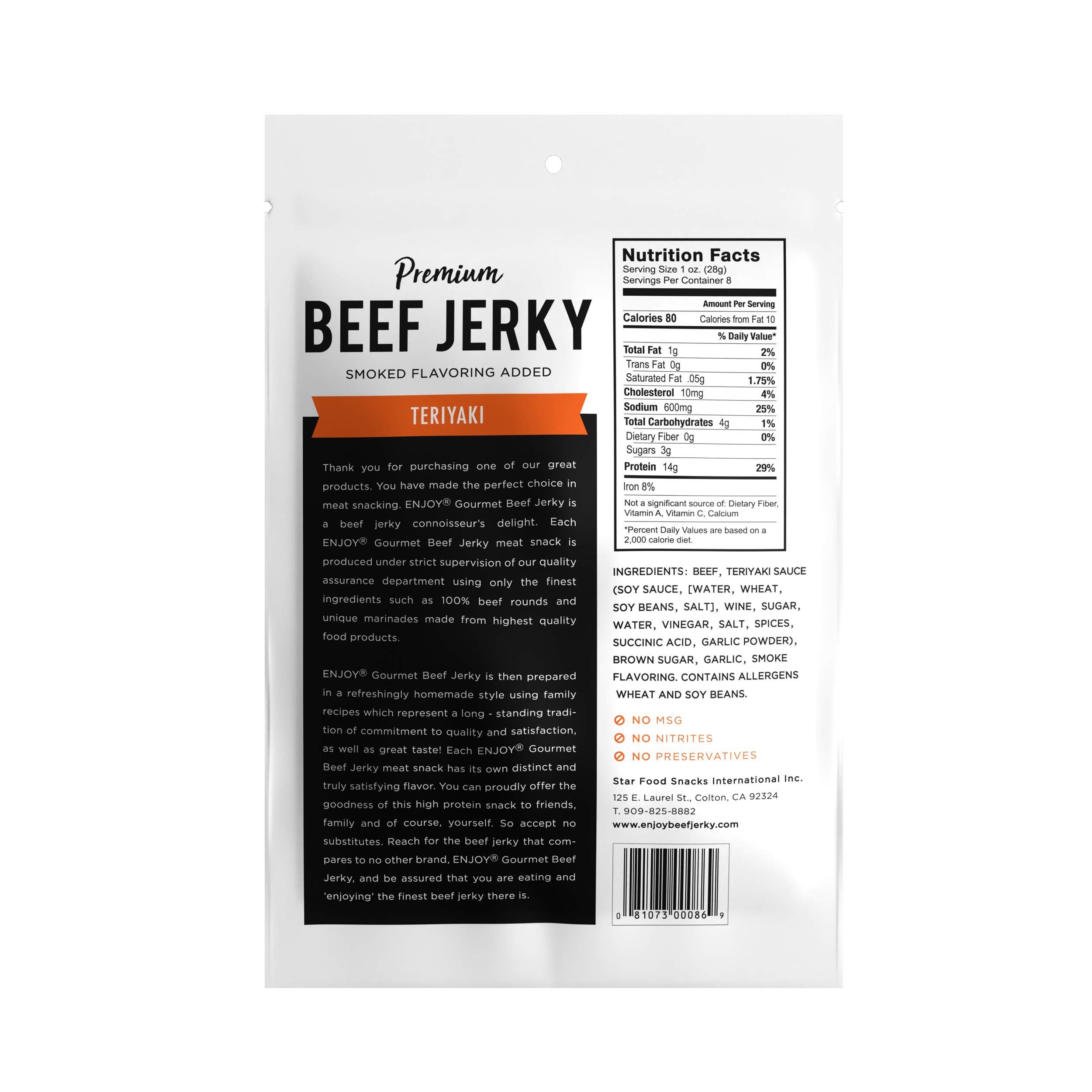 Premium Teriyaki Beef Jerky 8 oz (Pack of 8) | Traditional USA-Made High Protein Snack | Low Fat, No Trans Fat, Preservative-Free | No MSG or Nitrites | Resealable Bags for Freshness | Perfect for Hiking, Camping & On-the-Go Protein Boost
