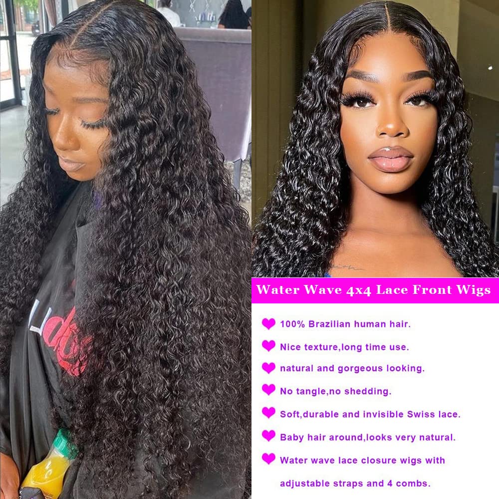 Water Wave HD Transparent Lace Front Wigs Human Hair - Glueless Brazilian Virgin 4x4 Lace Closure Wigs for Black Women | 180% Density 24 Inch Curly Human Hair Wigs with Baby Hair | Perfect for Daily Wear, Parties & Special Occasions