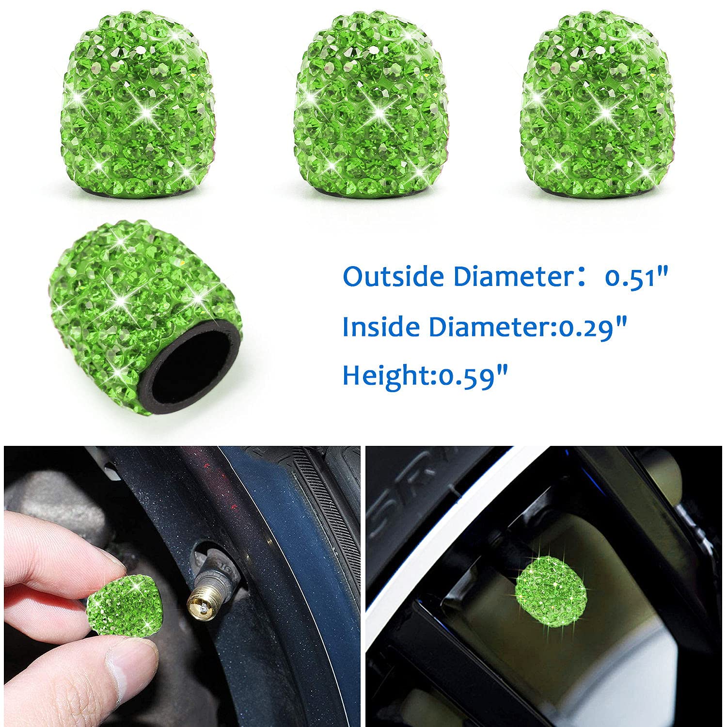 15-Piece Green Rhinestone Car Accessories Set for Women - Crystal Bling Decor, Headrest Rings, Charger, Hooks, Tire Caps & Coasters | Perfect for Car Interior Styling & Gift Giving