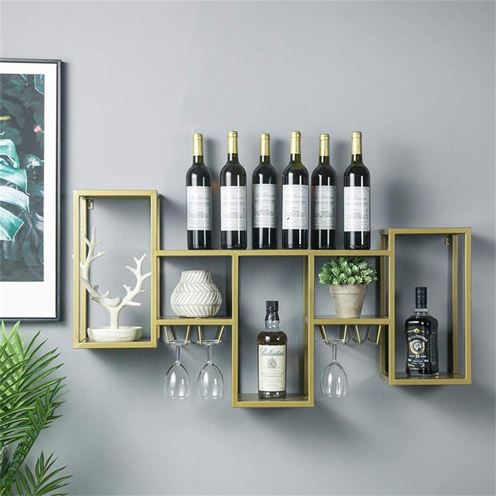 Stylish Gold Metal Wall-Mounted Wine Rack with Goblet Holder - Modern Home Bar Decor for Kitchen, Dining Room & Living Room - Perfect for Wine Storage & Display in Small Spaces
