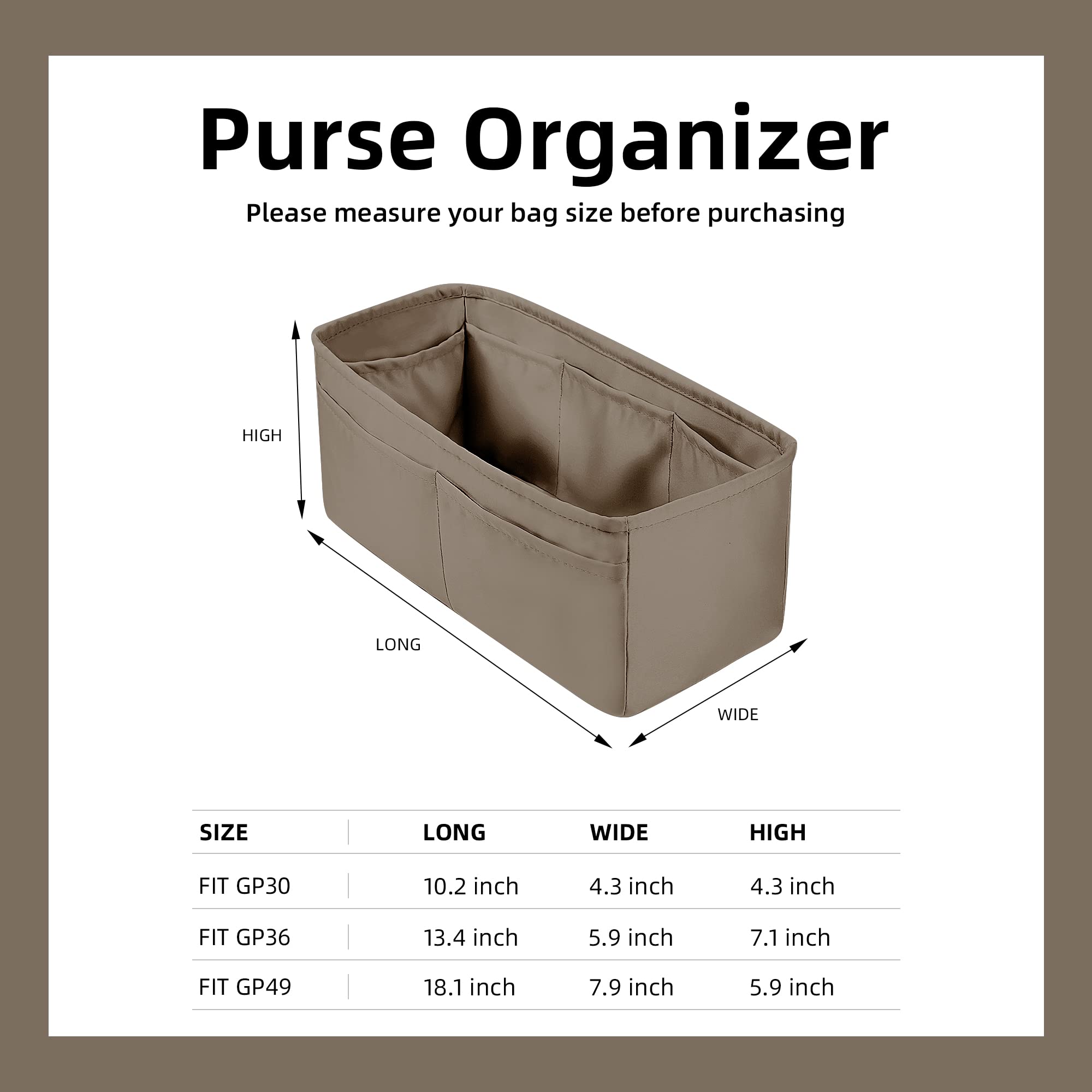 DGAZ Luxury Silky Purse Organizer Insert for Handbags & Totes - Perfect Fit for Hermes Garden Party 30/36 Bags (Etoupe Grey, GP36) | Keep Your Essentials Organized at Work, Travel & Daily Use