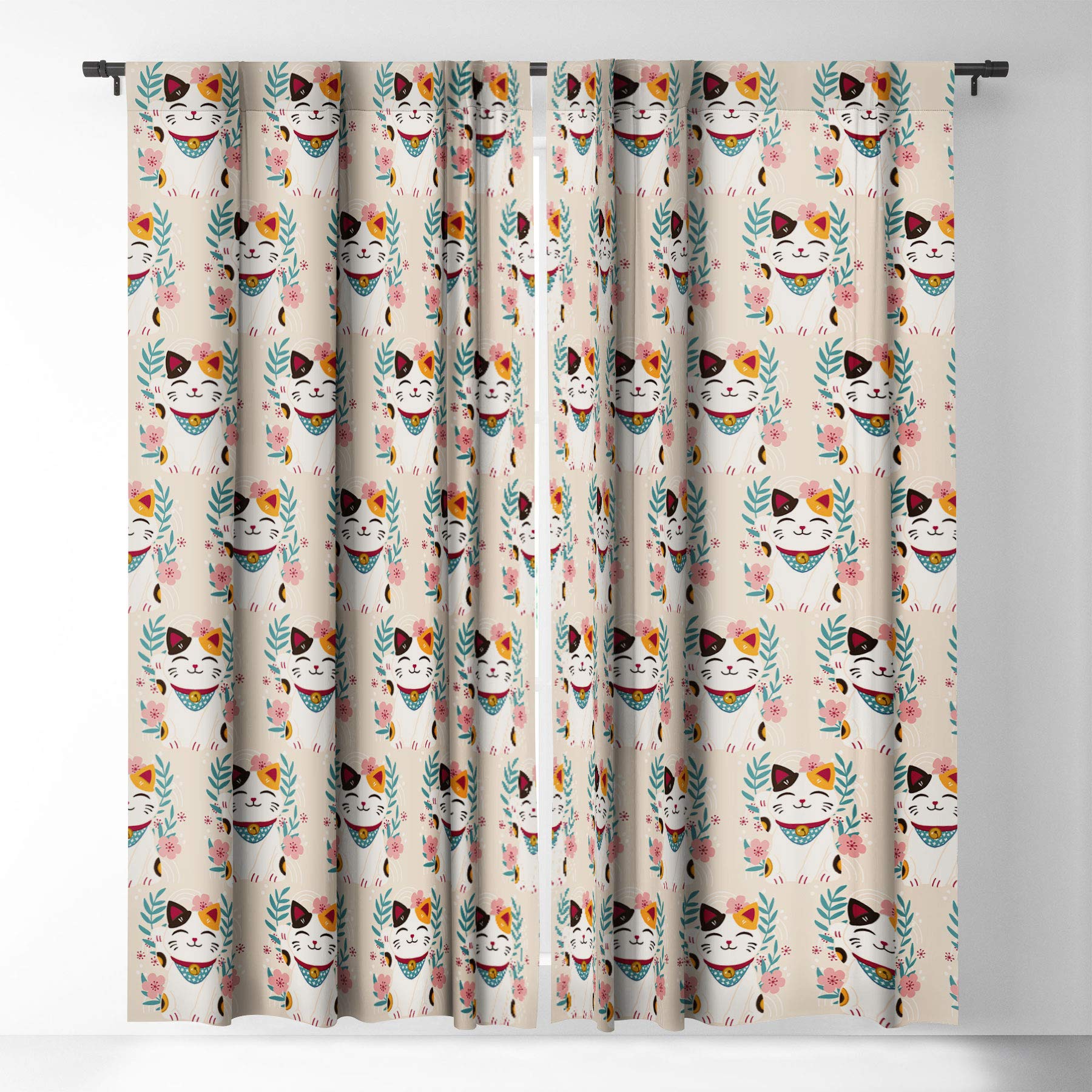 Lucky Cat & Cherry Blossoms Blackout Curtains - 50x96 Inch Japanese Style Window Drapes for Bedroom & Living Room - Block Light & Noise for Better Sleep