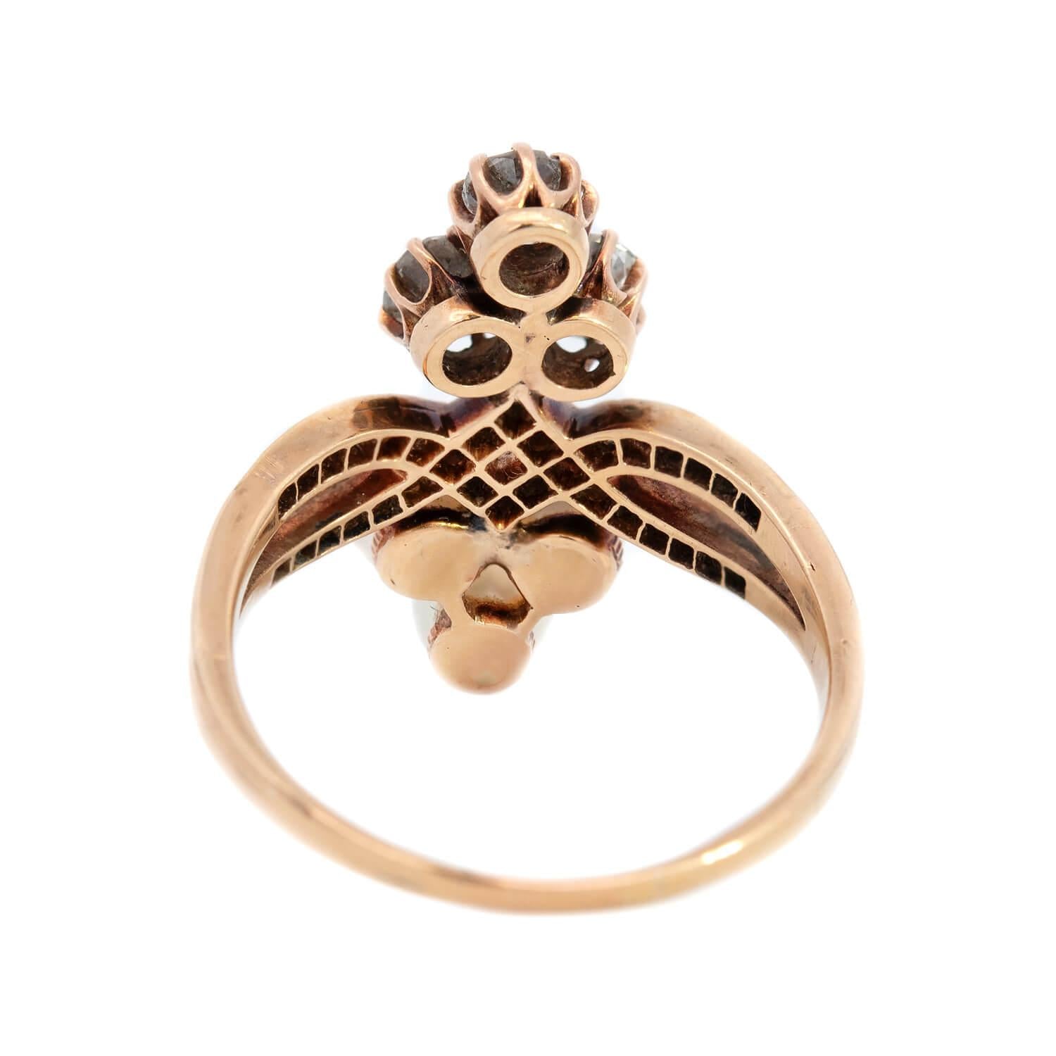 Victorian Style 14k Gold Diamond & Pearl Double Trefoil Ring - Elegant Vintage Jewelry for Weddings, Anniversaries & Special Occasions