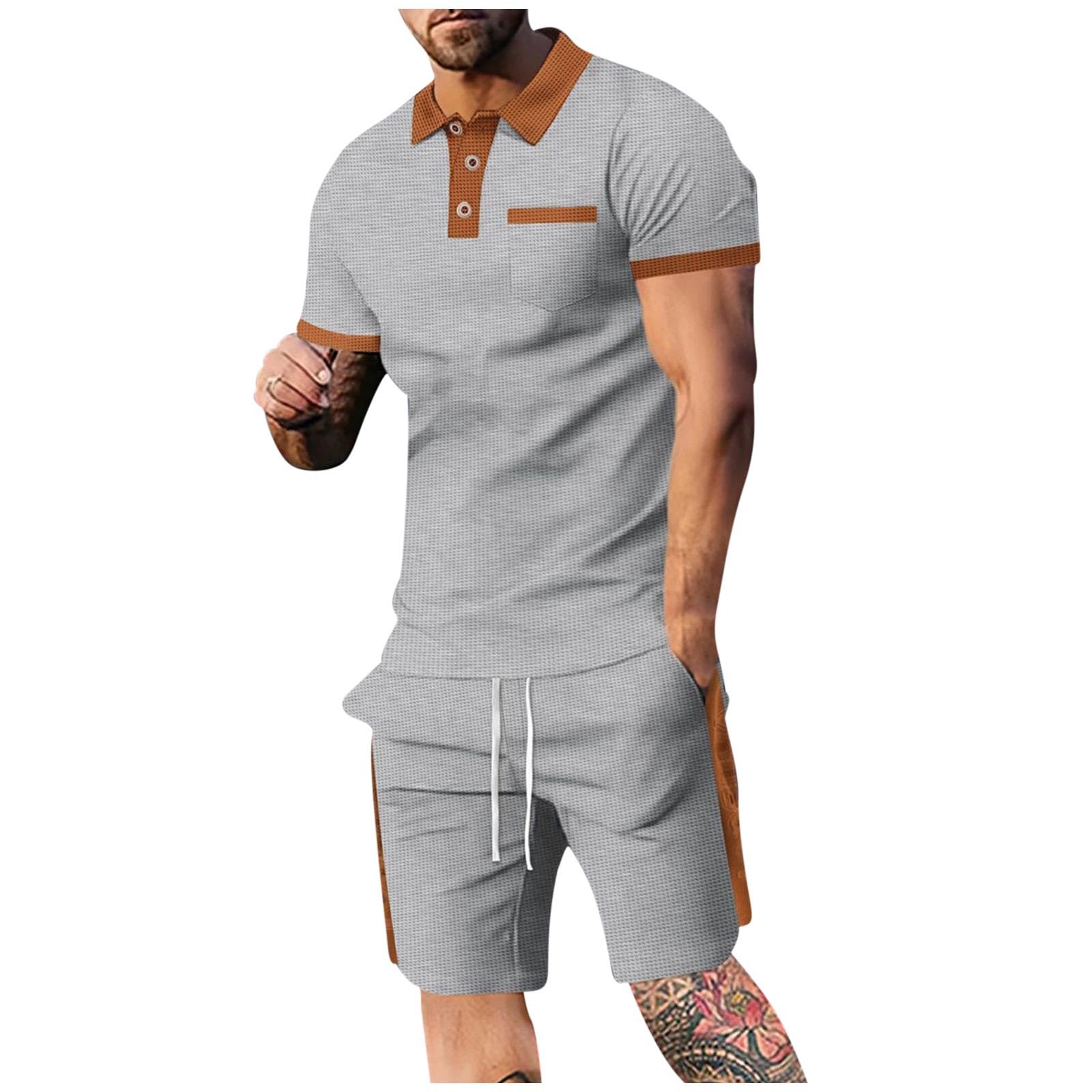 Men's Waffle Knit Tracksuit Set - Short Sleeve Polo Shirt & Athletic Shorts | Summer Casual Sportswear for Gym, Running & Lounge Wear