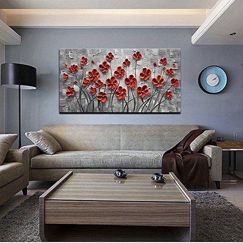 YaSheng Art - Hand-Painted 3D Oil Painting on Canvas, Red Flowers Modern Abstract Artwork, Stretched and Framed Ready to Hang (24x48 Inch) - Perfect for Living Room, Bedroom, Office & Home Decor Wall Art