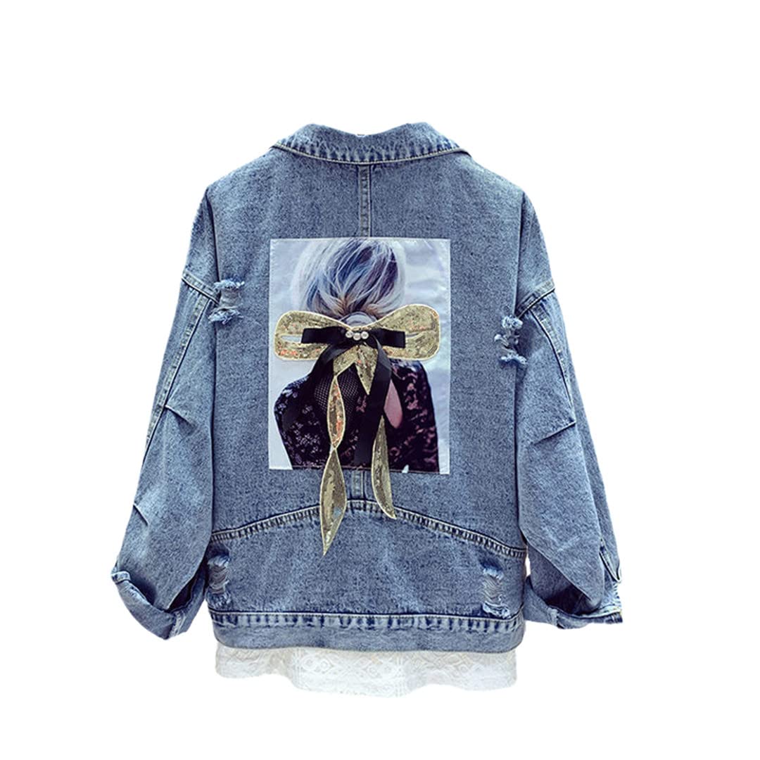 Women's Embroidered Denim Jacket - Loose Fit Short Denim Jacket for Spring & Fall | Casual Outerwear for Street Style, Dating & Daily Wear