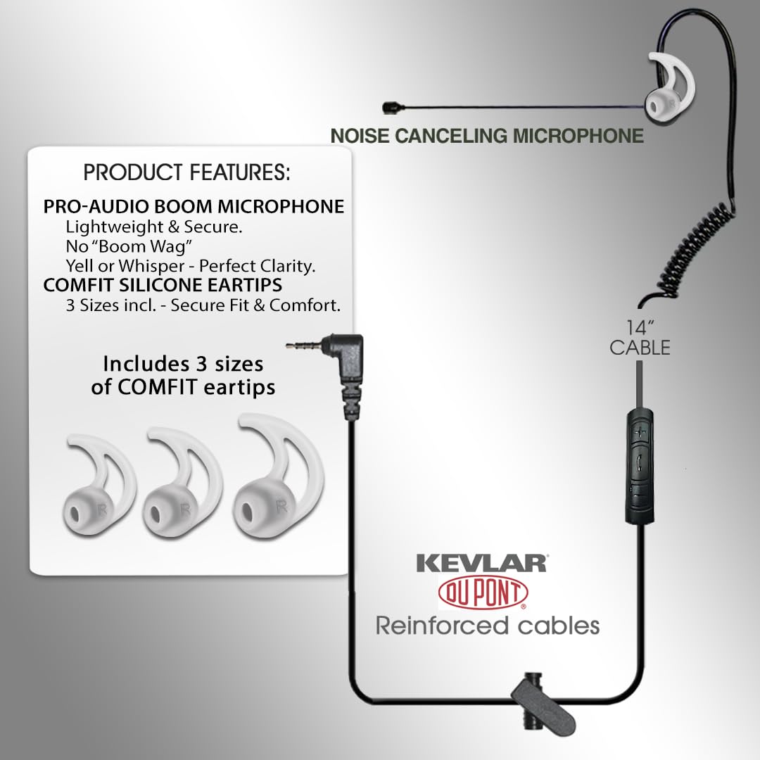 Klein Electronics 3.5mm Noise Canceling Earpiece with Boom Mic - Lightweight Secure Headset for Cell Phones (Right Ear Only, Includes 3 Soft Silicone Ear Tips) - Perfect for Call Centers, Truck Drivers & Office Communications