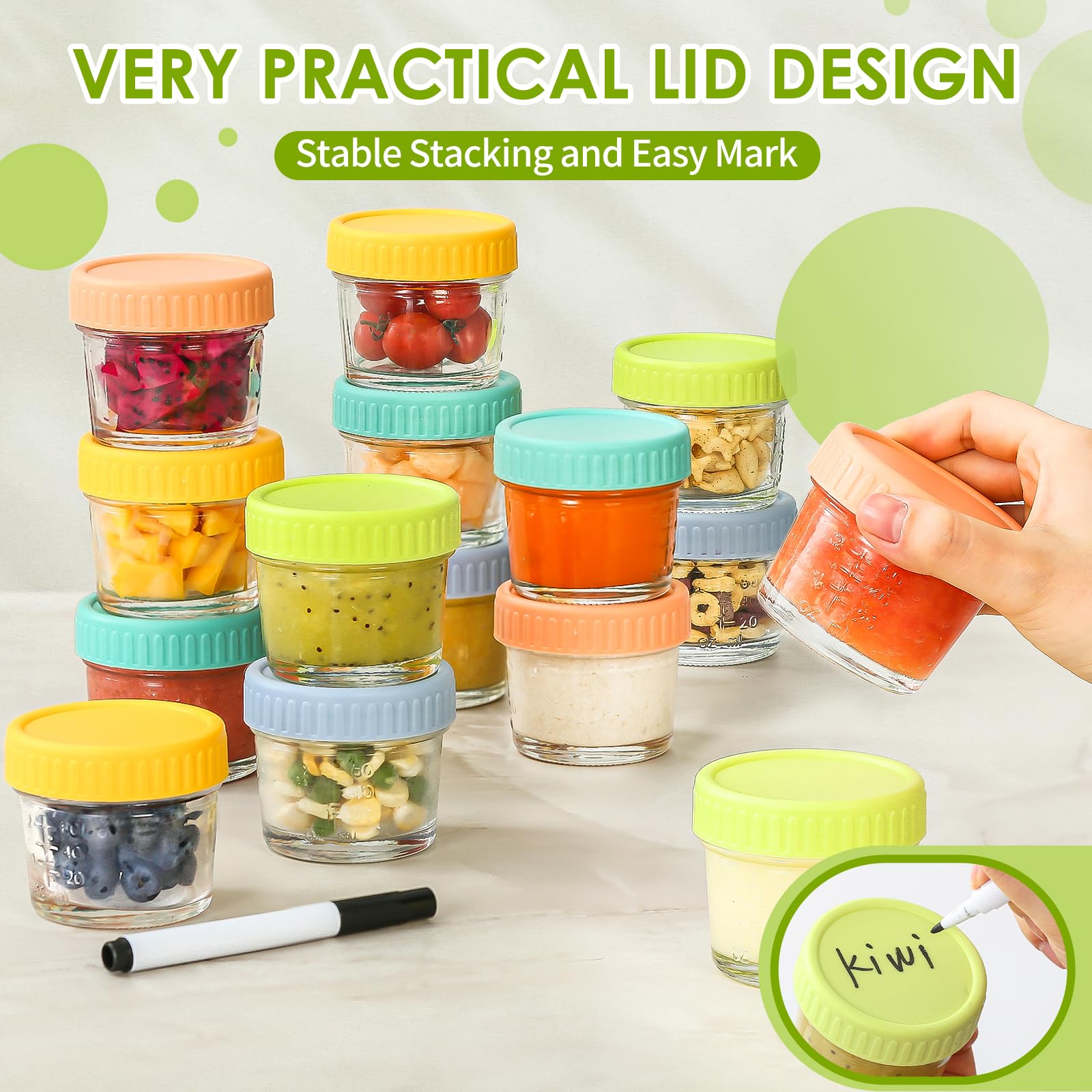 DRKIO 20-Pack 4oz Glass Baby Food Storage Containers with Lids - BPA Free, Microwave, Dishwasher & Freezer Safe, 100% Leak-Proof - Perfect for Homemade Baby Puree, Meal Prep, Snack Storage & On-the-Go Feeding