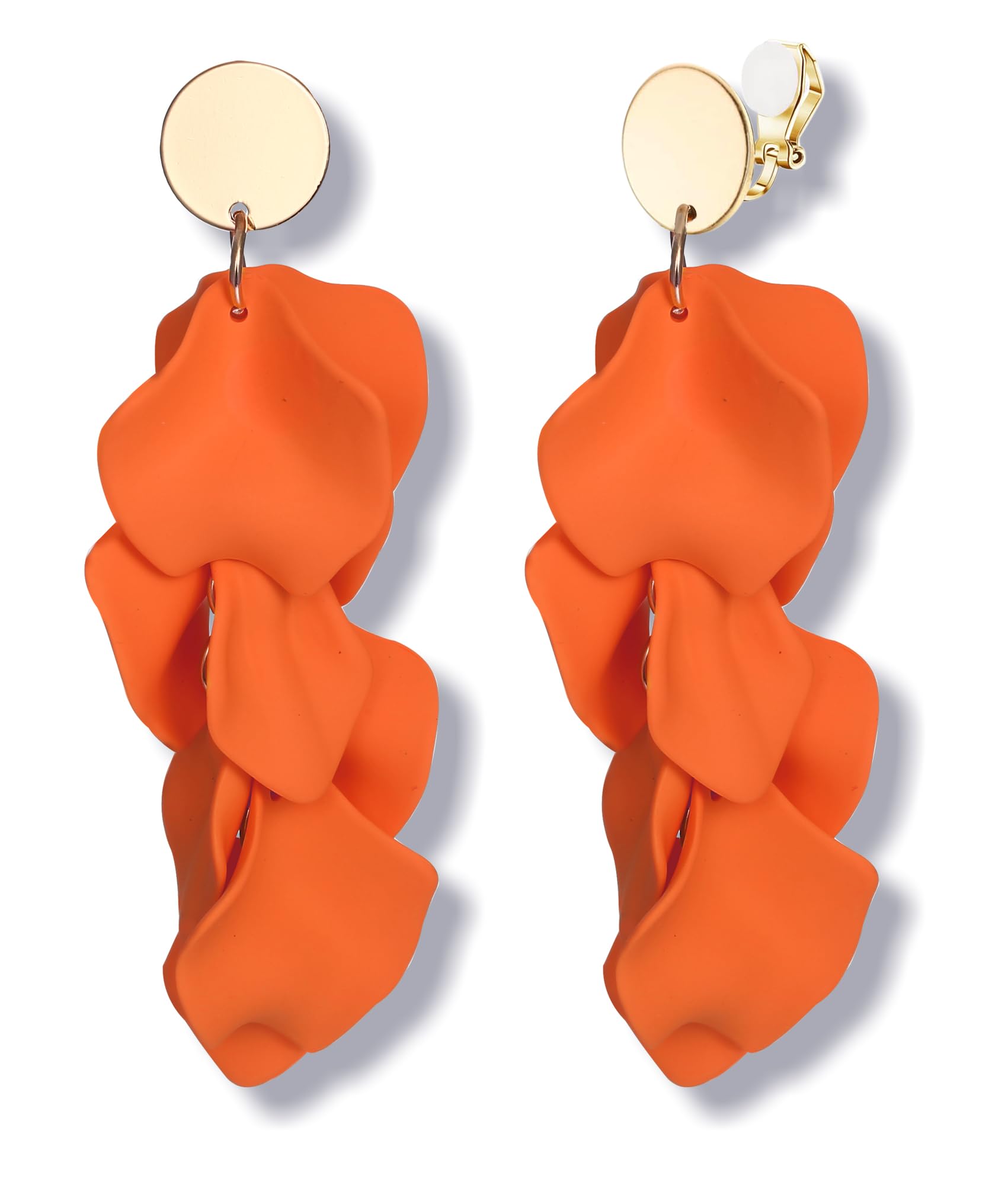 FIBO STEEL Rose Petal Clip-On Dangle Earrings for Women - Acrylic Floral Statement Earrings in Red, White, Black, Hot Pink & Orange - Boho Resin Flower Earrings for Parties, Weddings & Everyday Wear