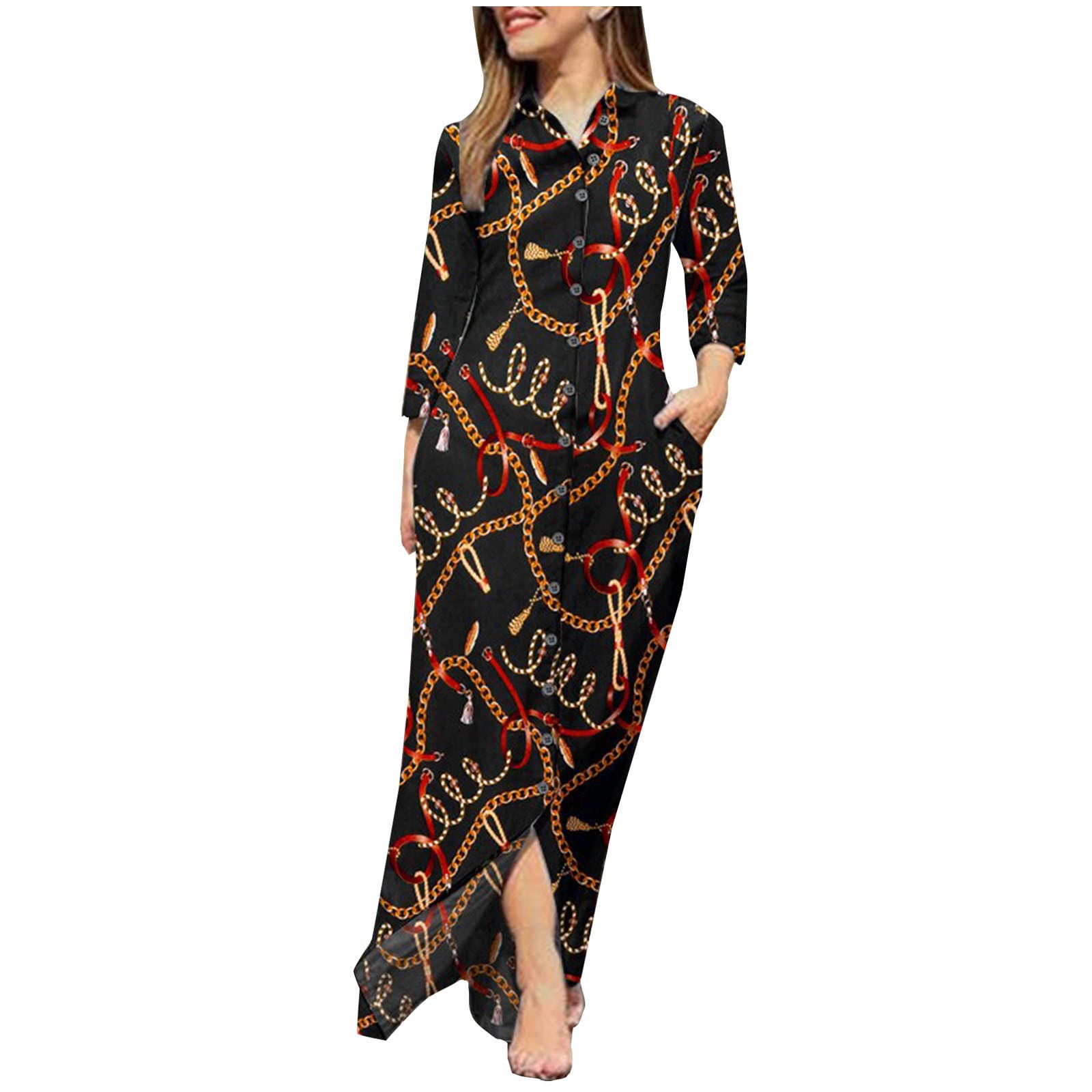 HUERTOP Women's Summer Sun Dress with Turn-Down Collar, Long Sleeve Printed Maxi Dress with Pockets - Perfect for Beach Vacation, Outdoor Party & Casual Wear (Size L US)