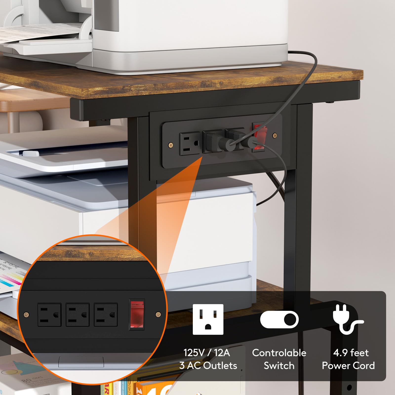 Lifewit 4-Tier Rolling Printer Stand with 3 Power Outlets, Adjustable Storage Shelf & Wheels - Mobile Office Organizer for Printer, Scanner, Fax Machine, Shredder - Rustic Brown Home Office Furniture for Small Spaces & Workspaces